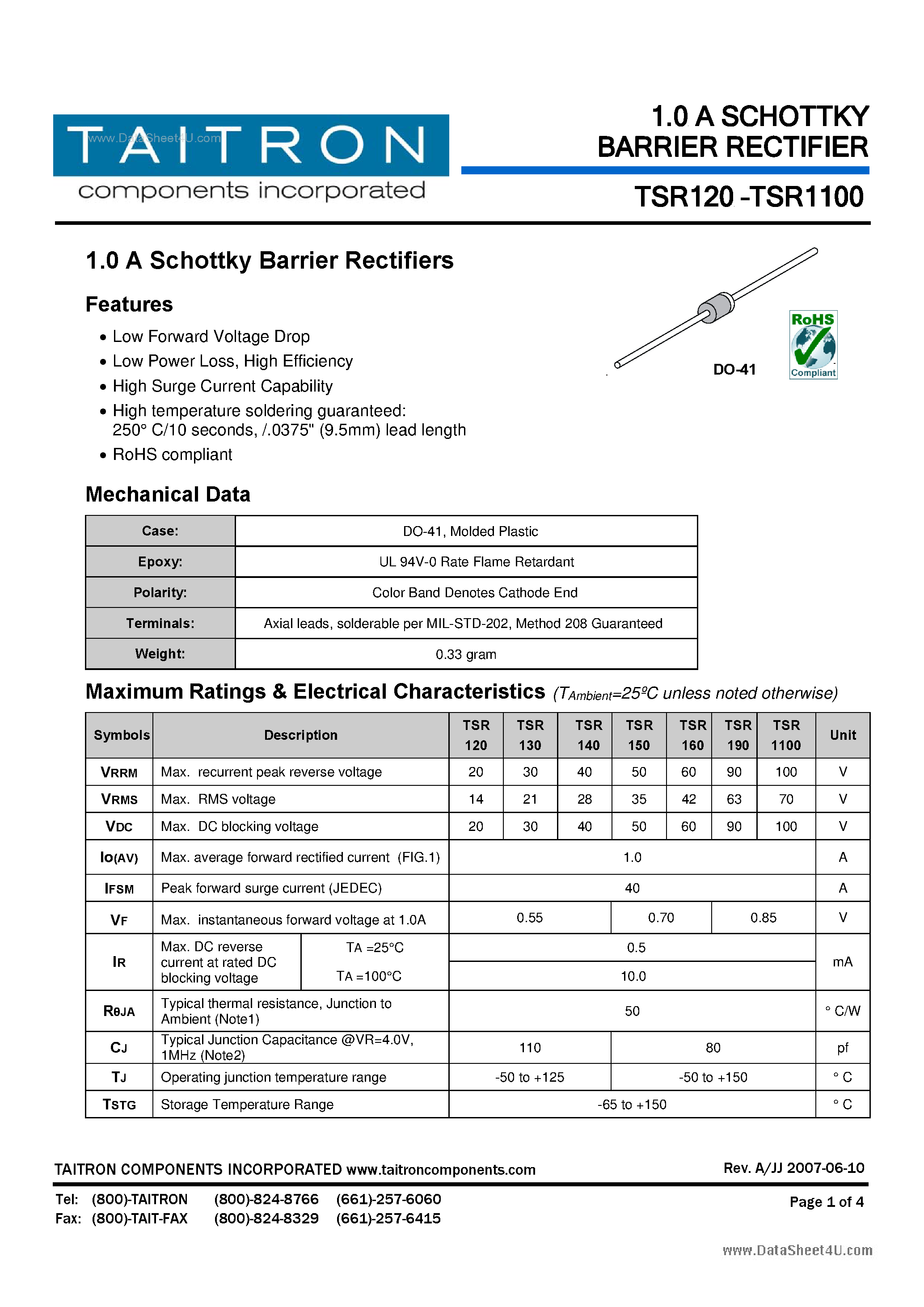 Datasheet TSR1100 page 1 Datasheet TSR1100 - (TSR120 - TSR1100) 1.0 A SCHOTTKY BARRIER RECTIFIER page 1