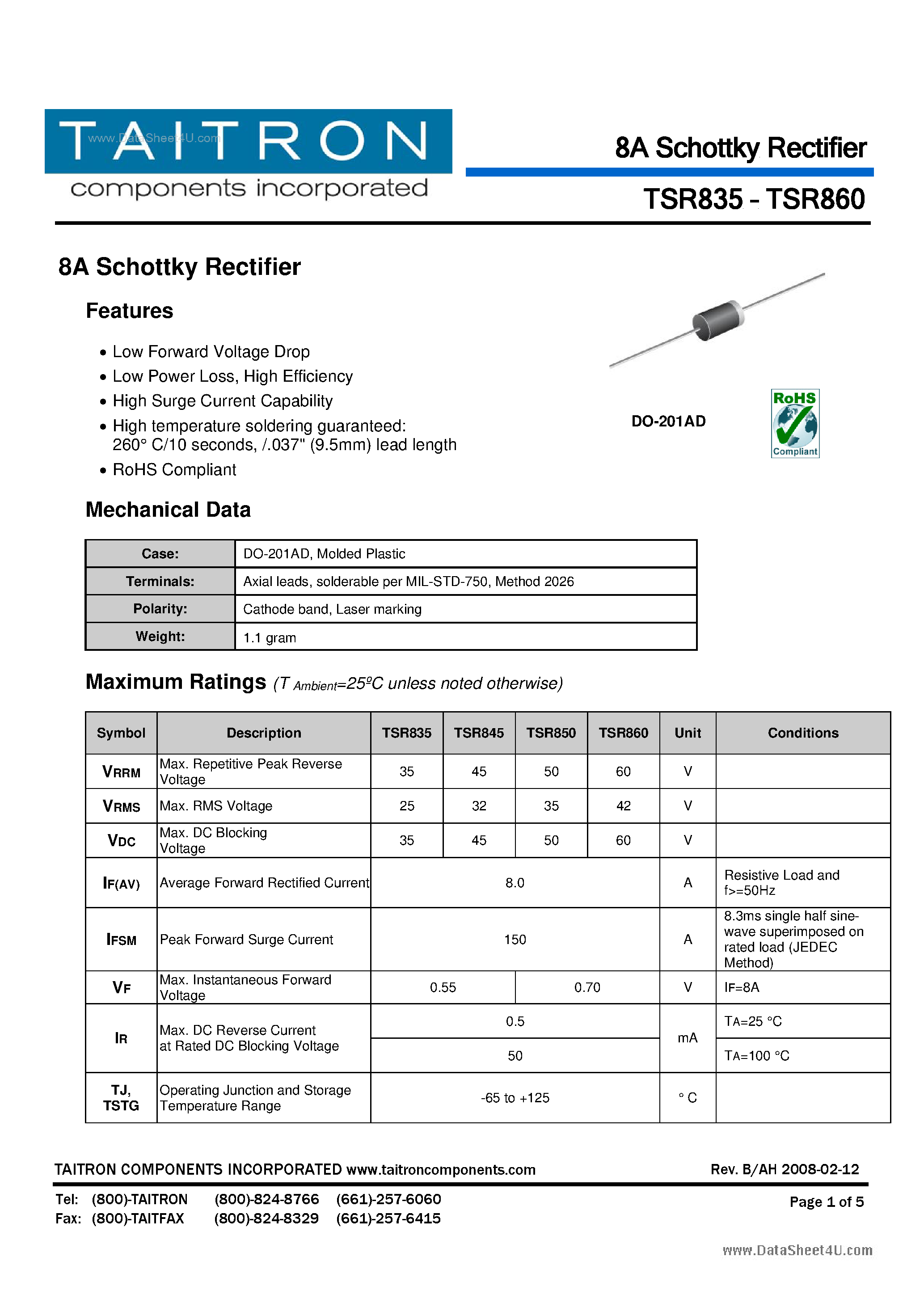 Datasheet TSR835 - (TSR835 - TSR860) 8A Schottky Rectifier page 1
