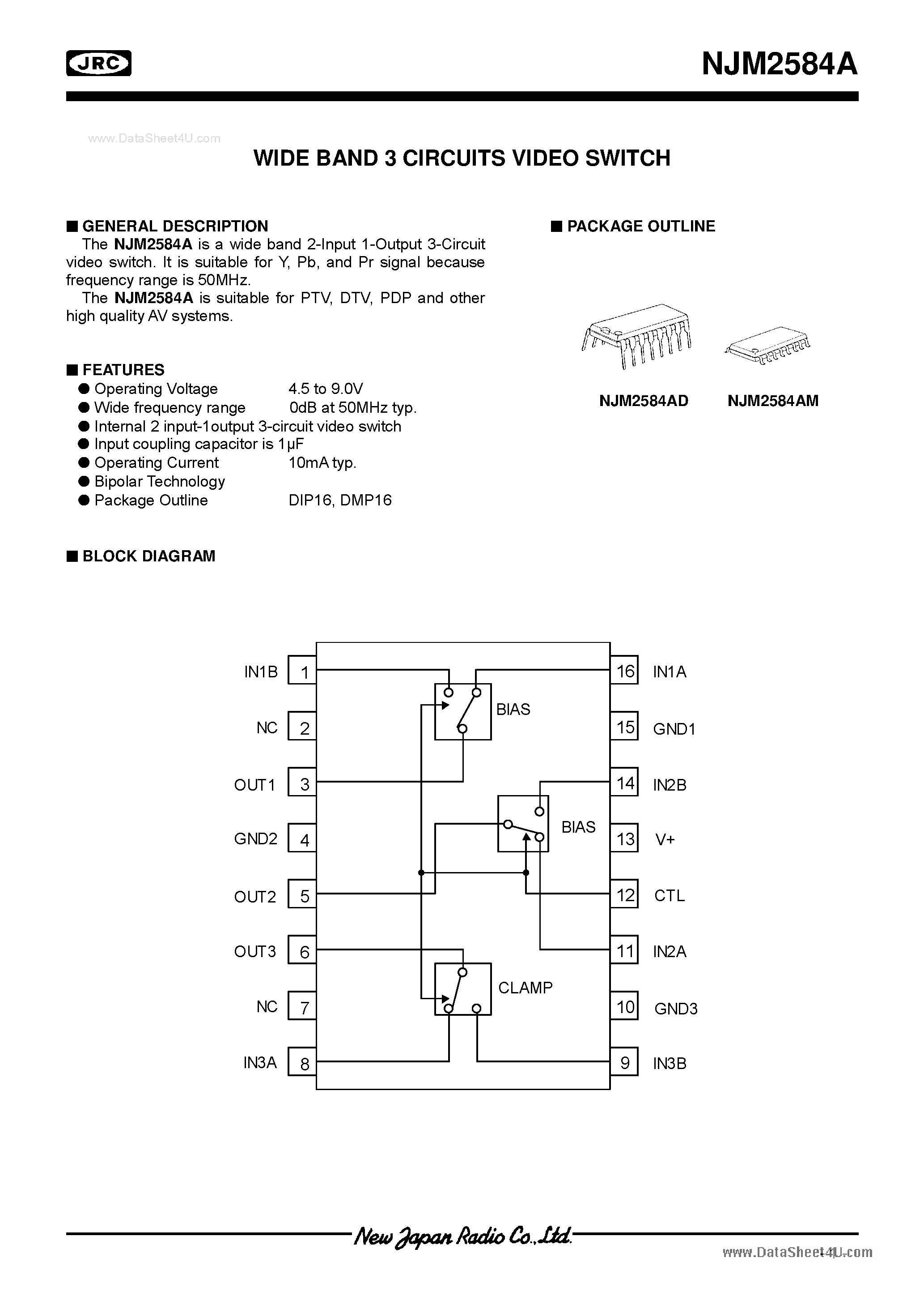 Datasheet NJM2584A - WIDE BAND 3 CIRCUITS VIDEO SWITCH page 1