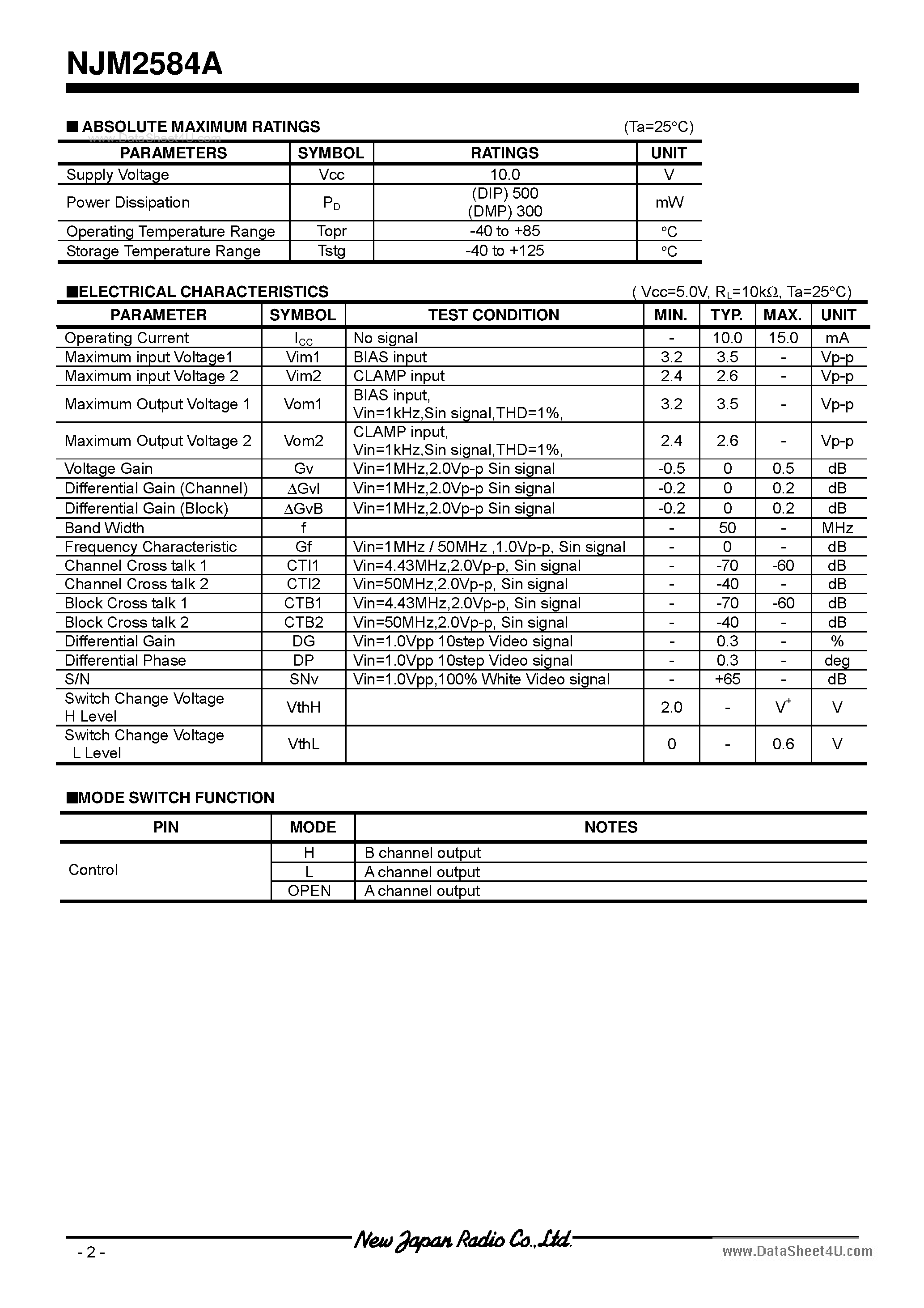 Datasheet NJM2584A - WIDE BAND 3 CIRCUITS VIDEO SWITCH page 2