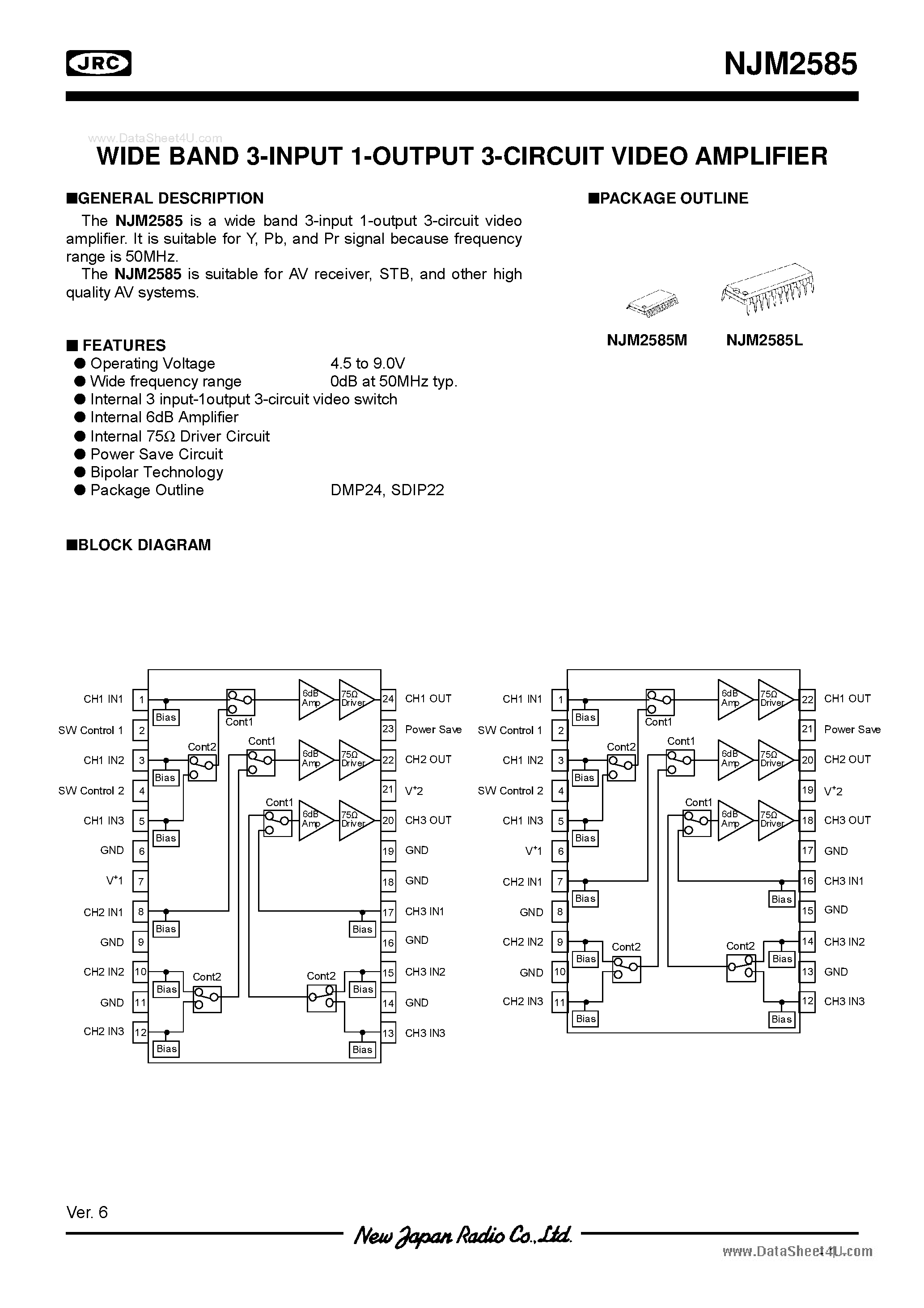 Datasheet NJM2585 - WIDE BAND 3-INPUT 1-OUTPUT 3-CIRCUIT VIDEO AMPLIFIER page 1