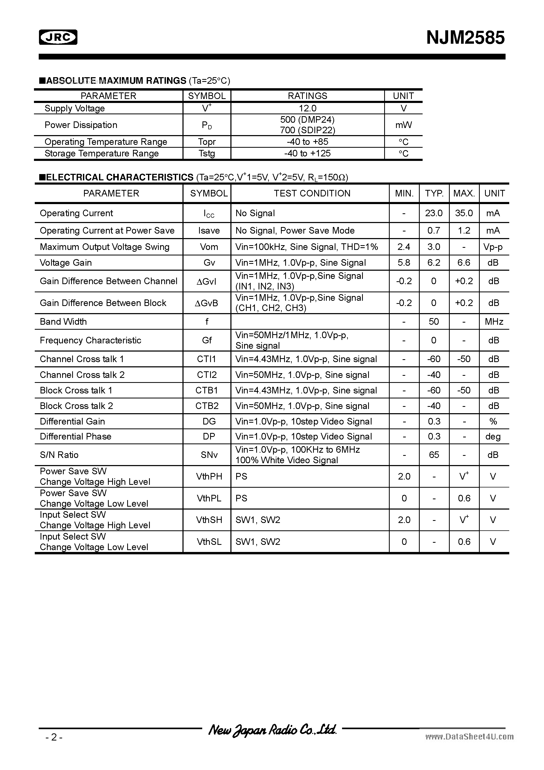 Datasheet NJM2585 - WIDE BAND 3-INPUT 1-OUTPUT 3-CIRCUIT VIDEO AMPLIFIER page 2