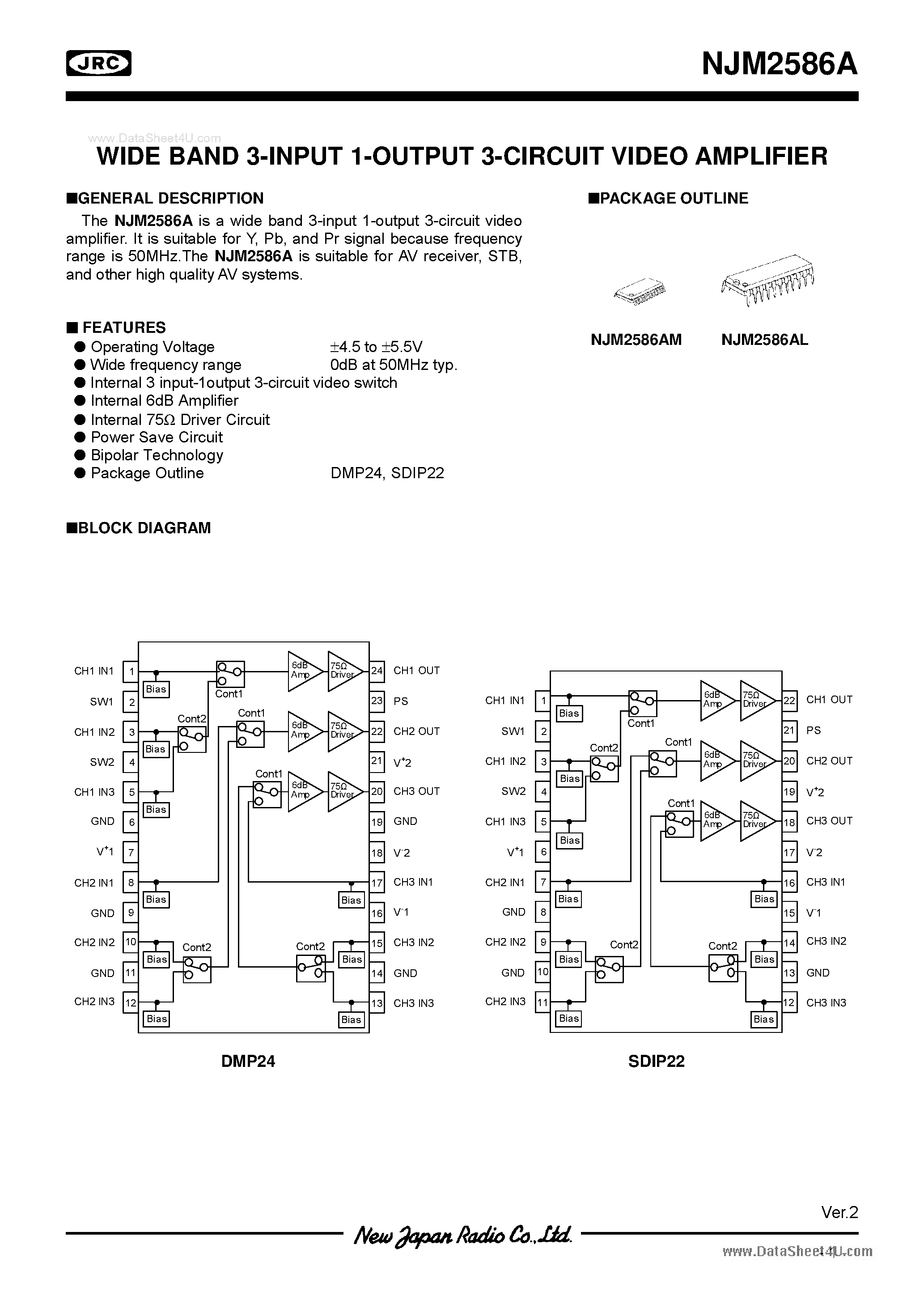 Datasheet NJM2586A - WIDE BAND 3-INPUT 1-OUTPUT 3-CIRCUIT VIDEO AMPLIFIER page 1