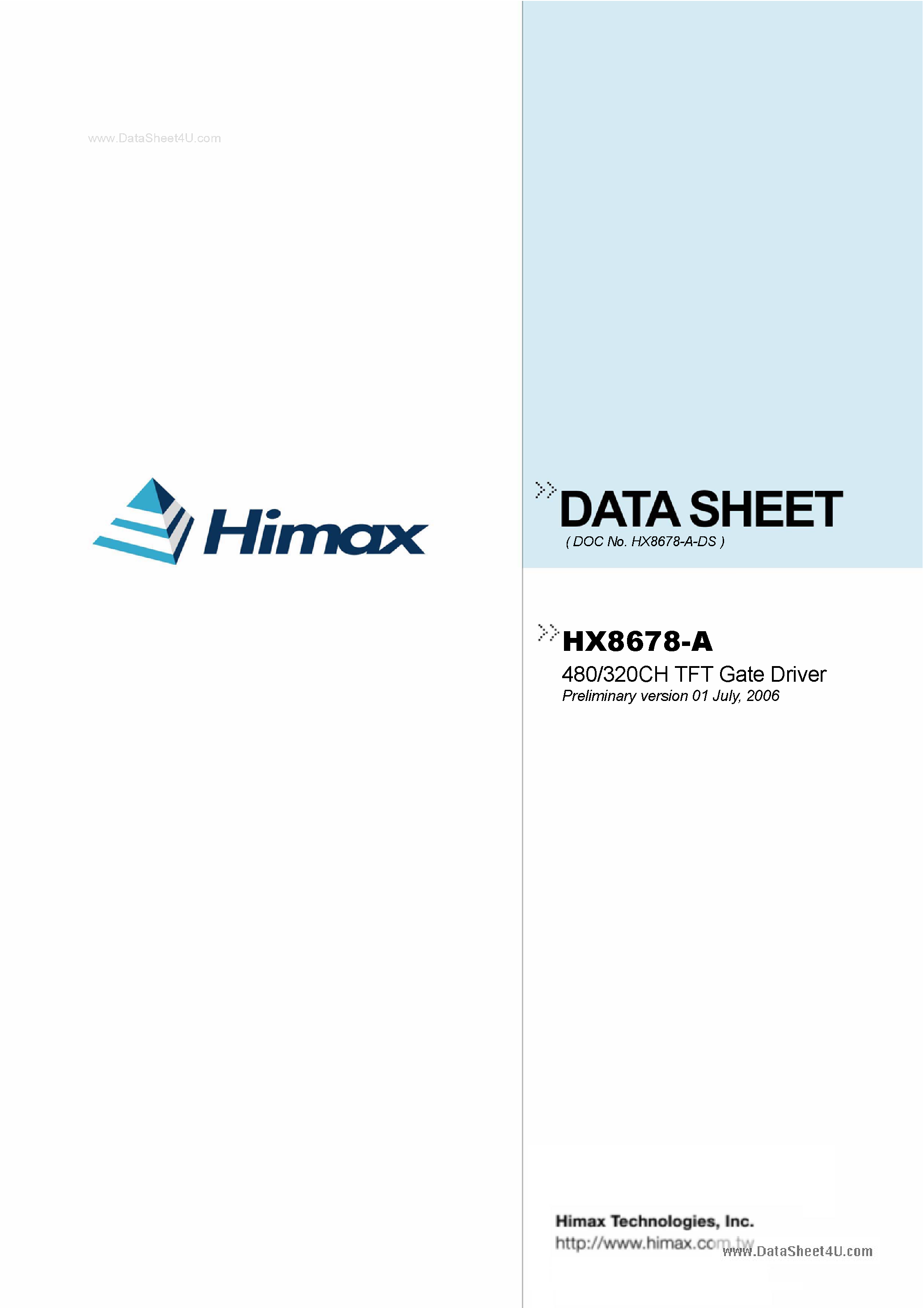 Datasheet HX8678-A - TFT Gate Driver page 1