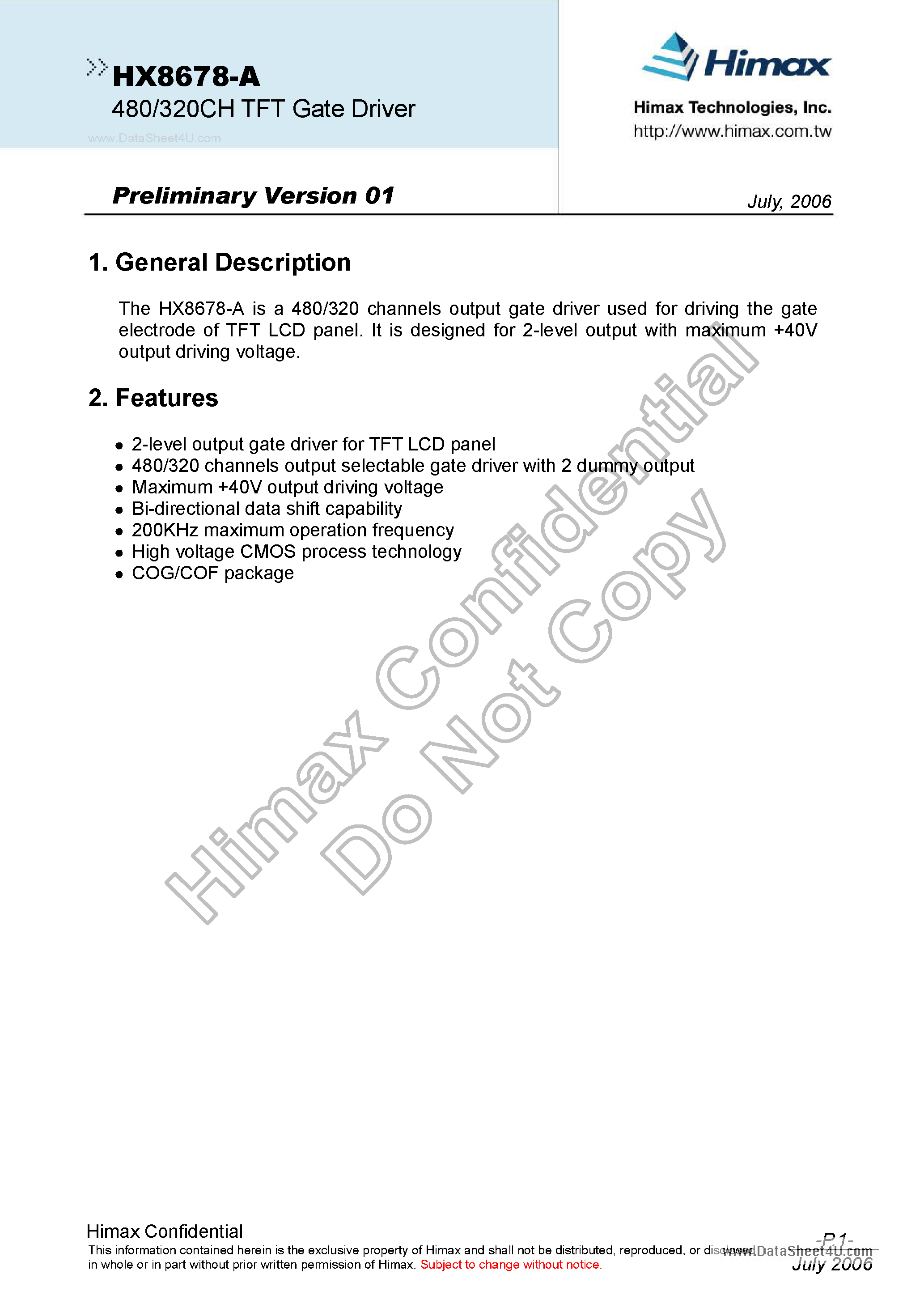 Datasheet HX8678-A - TFT Gate Driver page 2