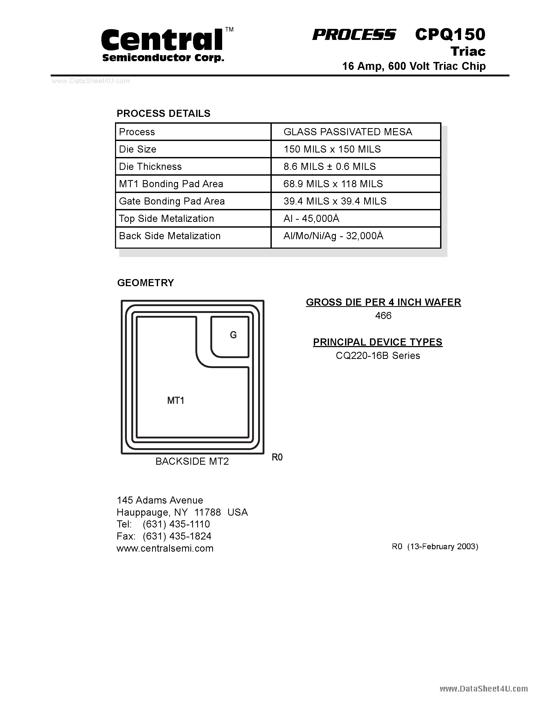 Datasheet CPQ150 - 16A 600V Triac Chip page 1