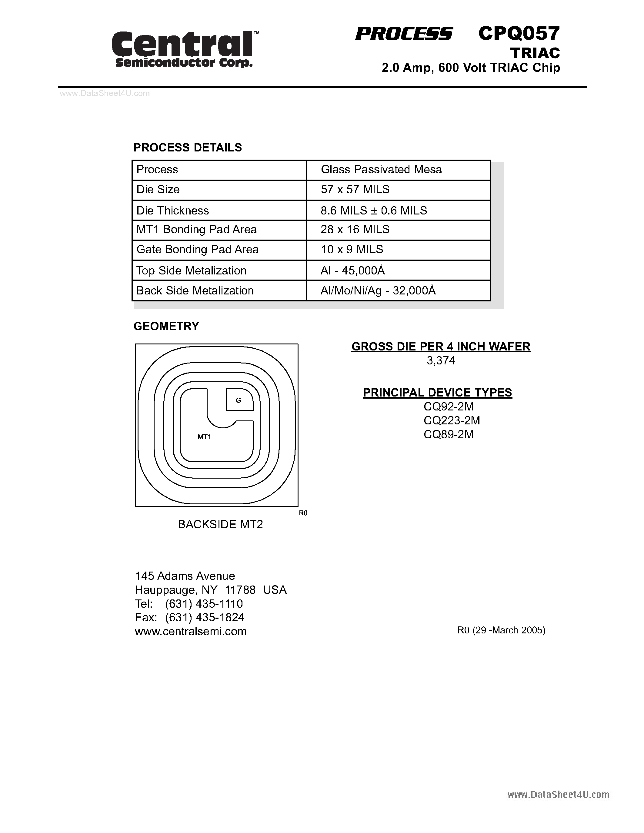 Datasheet CPQ057 - TRIAC 2.0 Amp page 1