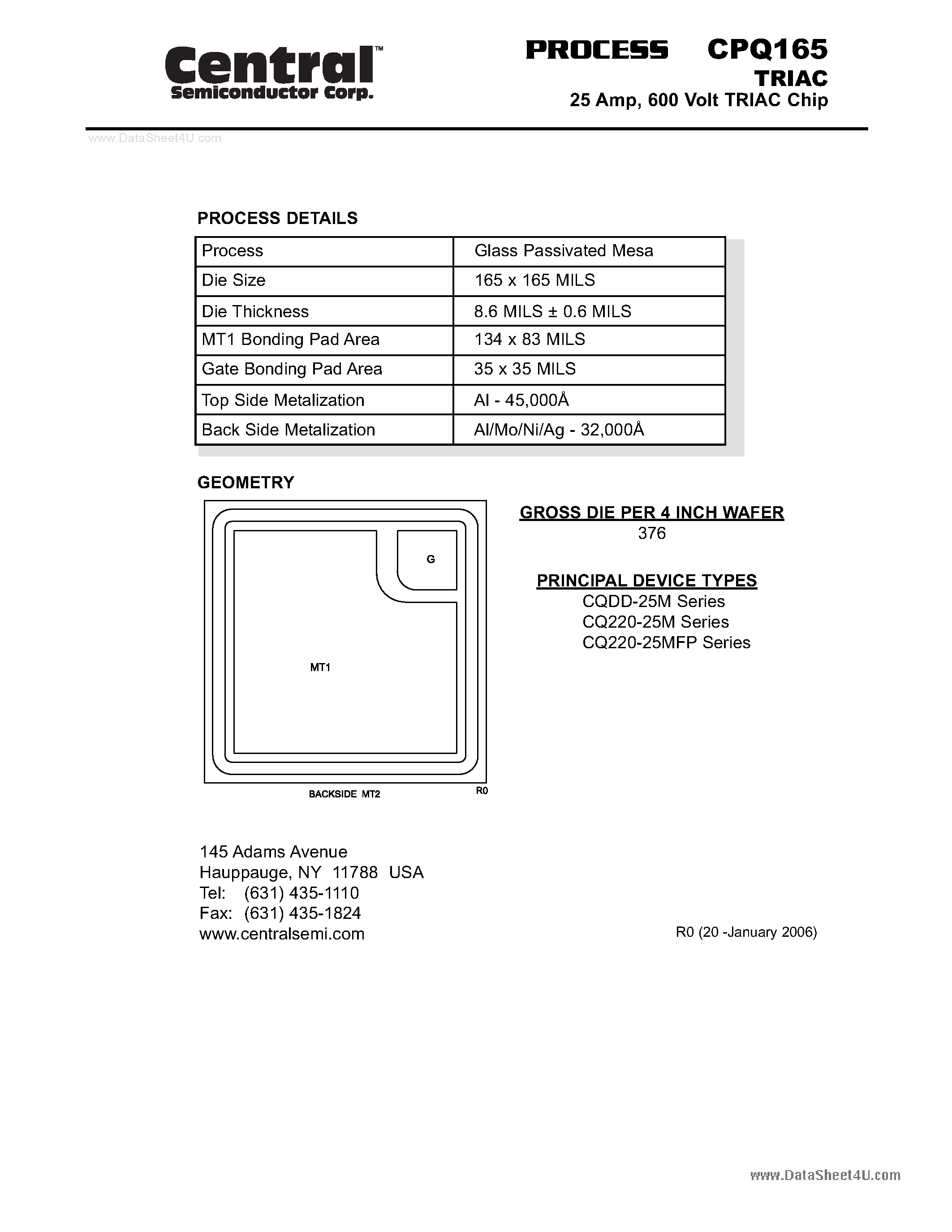 Datasheet CPQ165 - TRIAC 25 Amp page 1