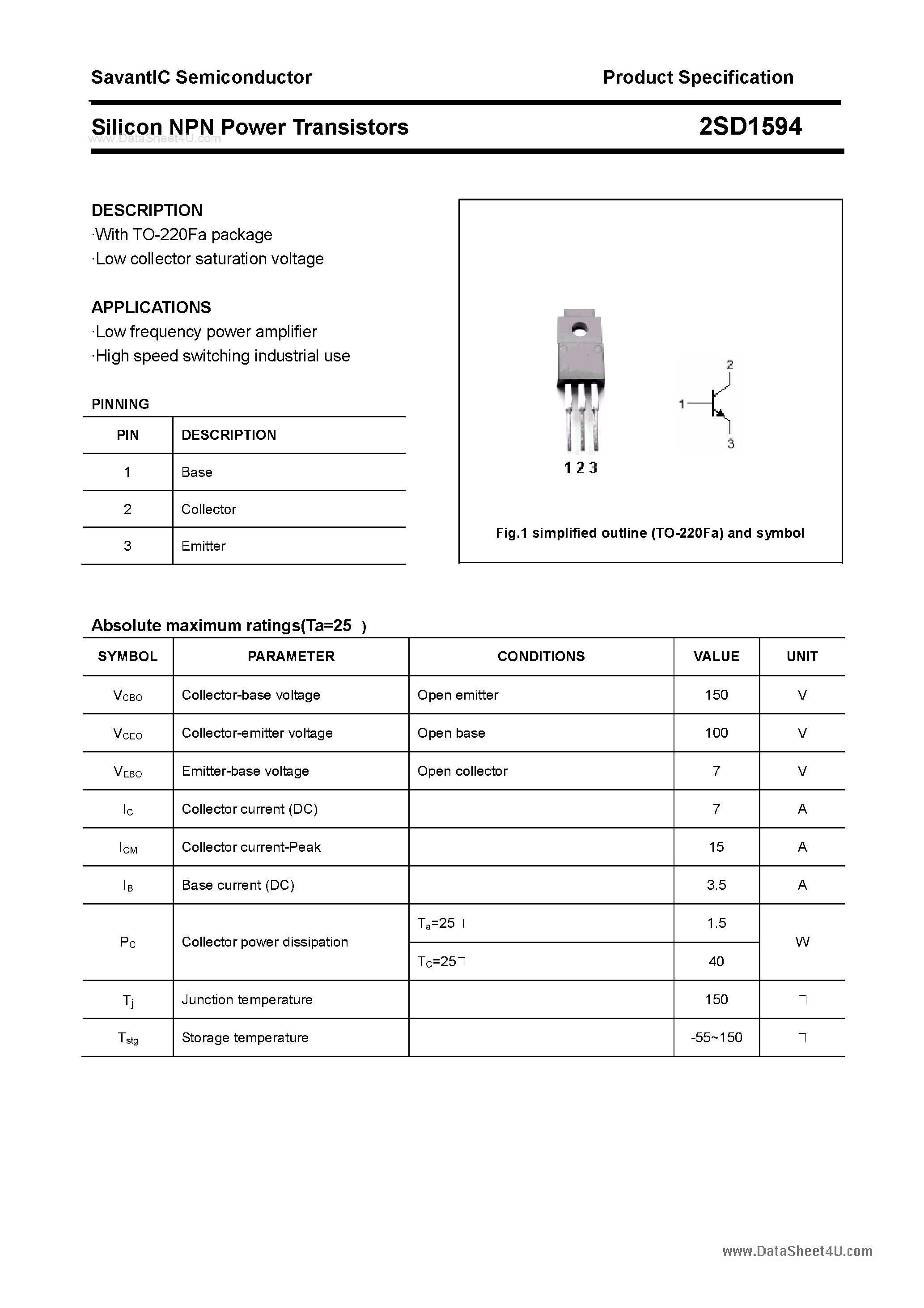 Datasheet 2SD1594 - SILICON POWER TRANSISTOR page 1