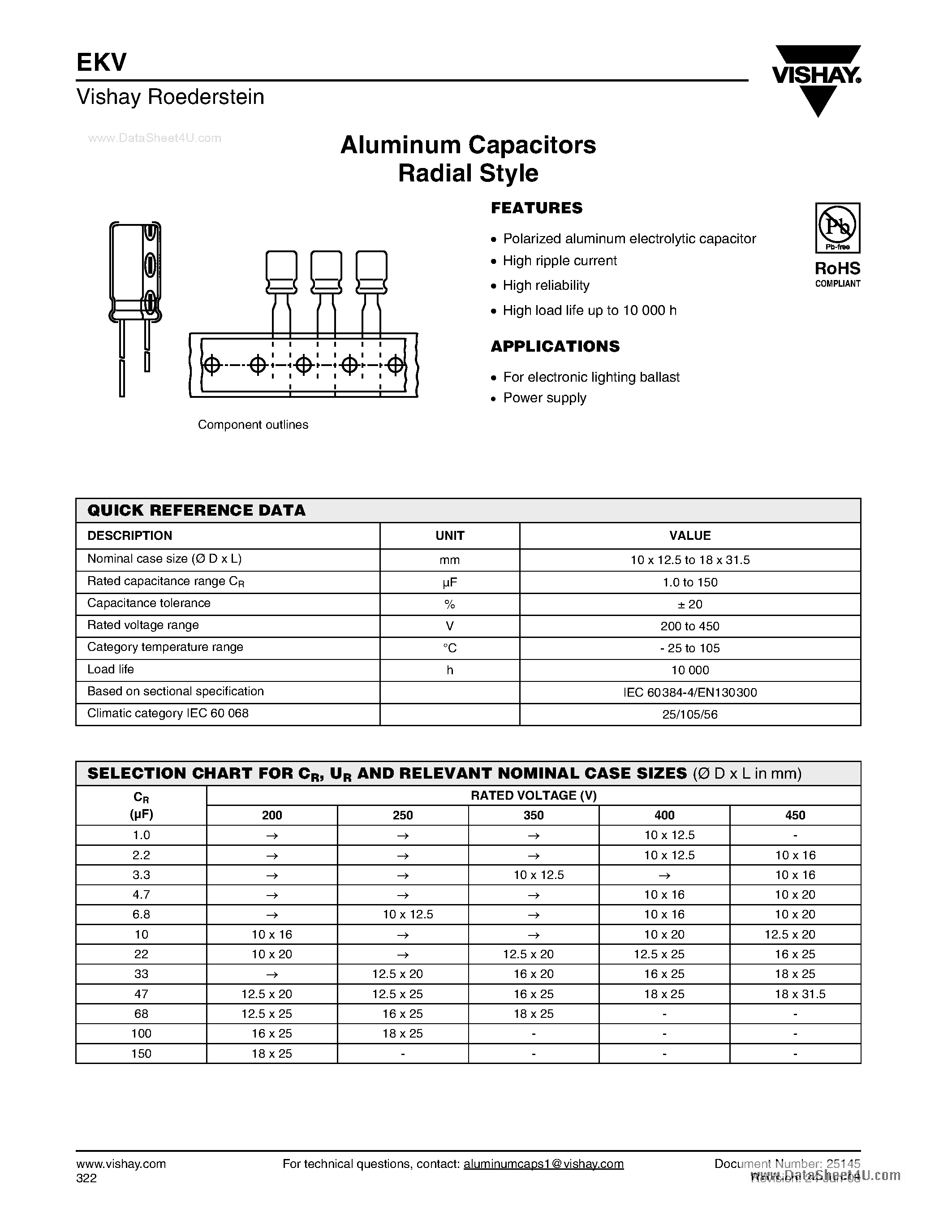 Datasheet EKV - Aluminum Capacitors Radial Style page 1