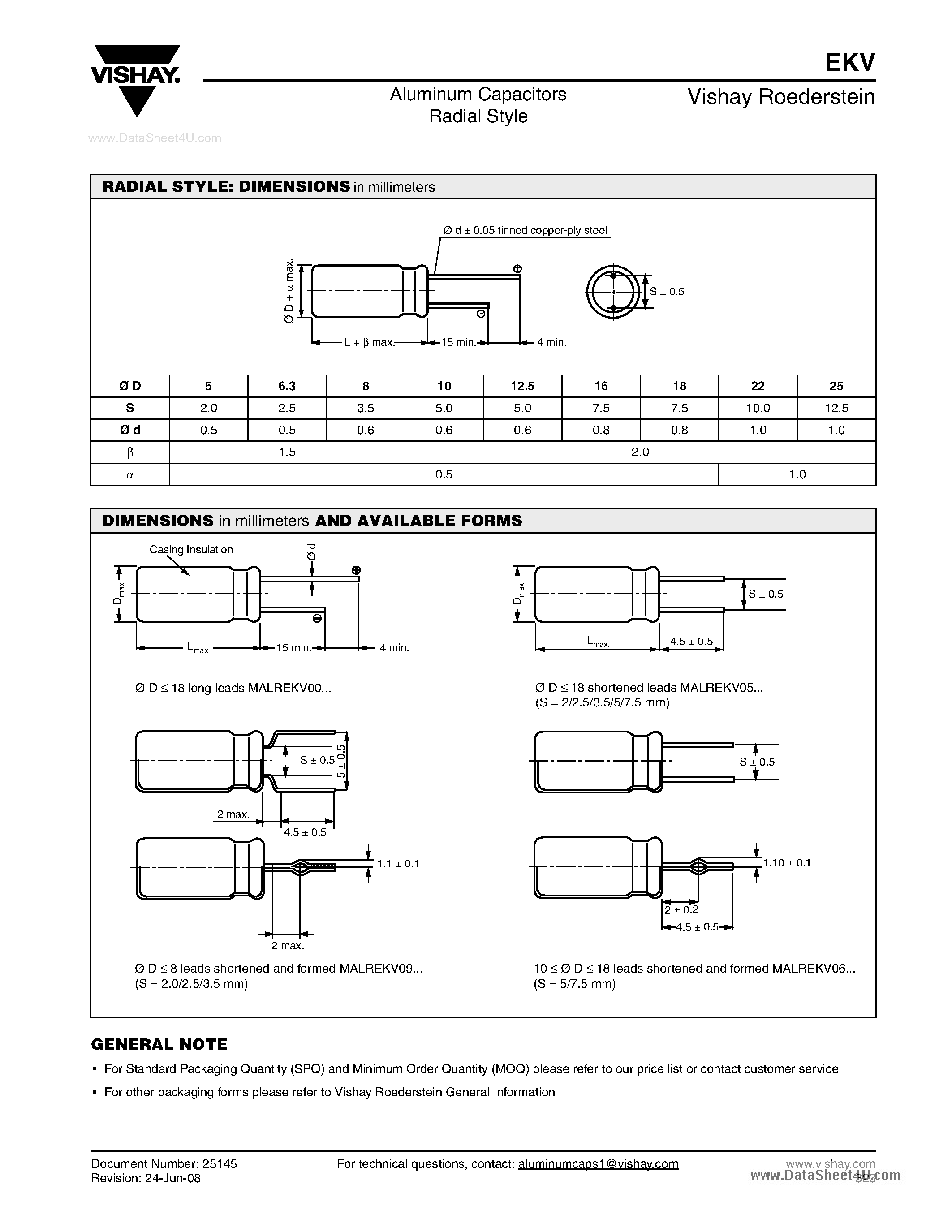 Datasheet EKV - Aluminum Capacitors Radial Style page 2