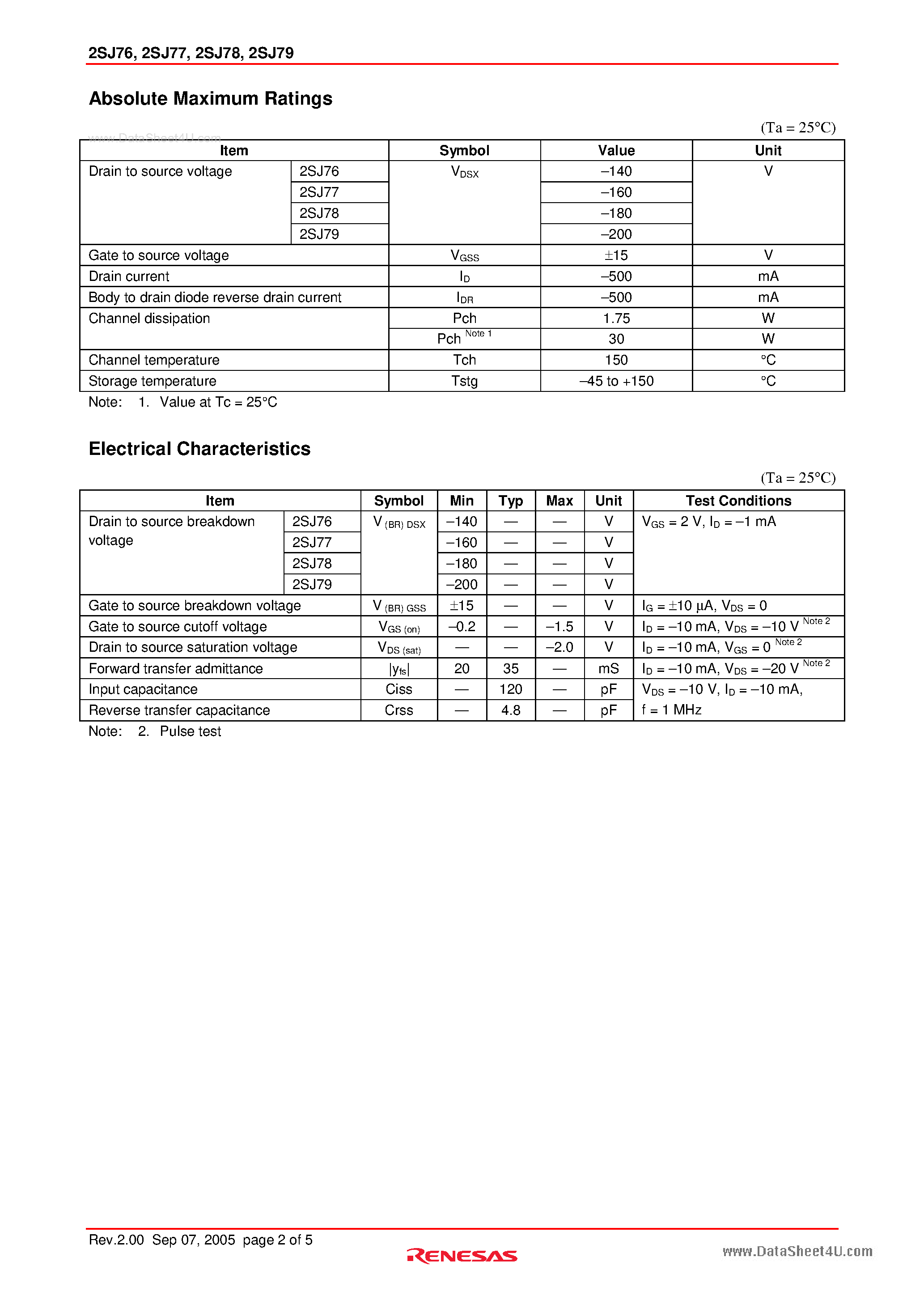 Даташит на микросхему 2SJ76 страница 2 Даташит 2SJ76 - (2SJ76 - 2SJ79) Silicon P-Channel MOS FET страница 2