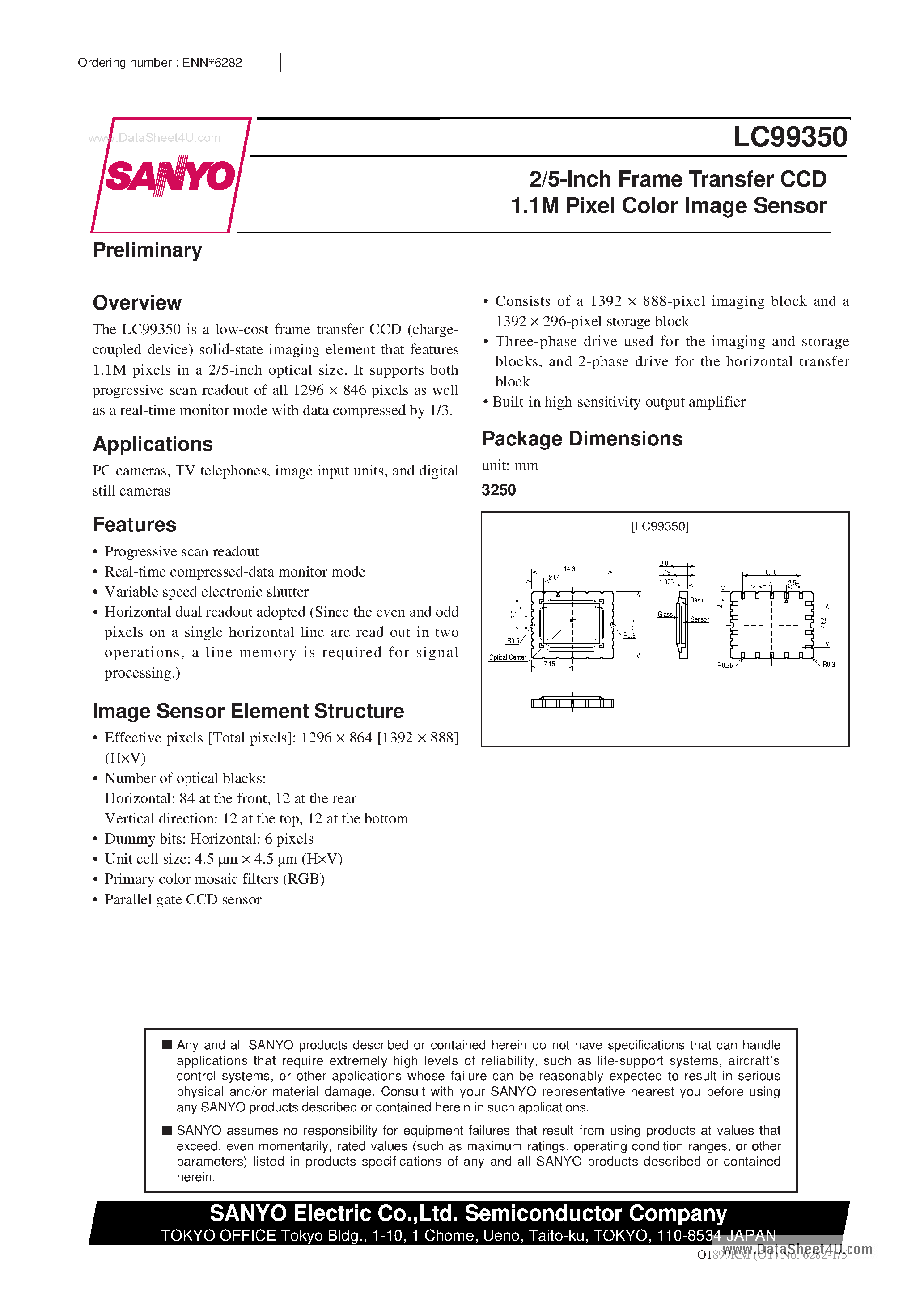 Datasheet LC99350 page 1 Datasheet LC99350 - 2.5-inch Frame Transfer CCD 1.1M Pixel Color Image Sensor page 1
