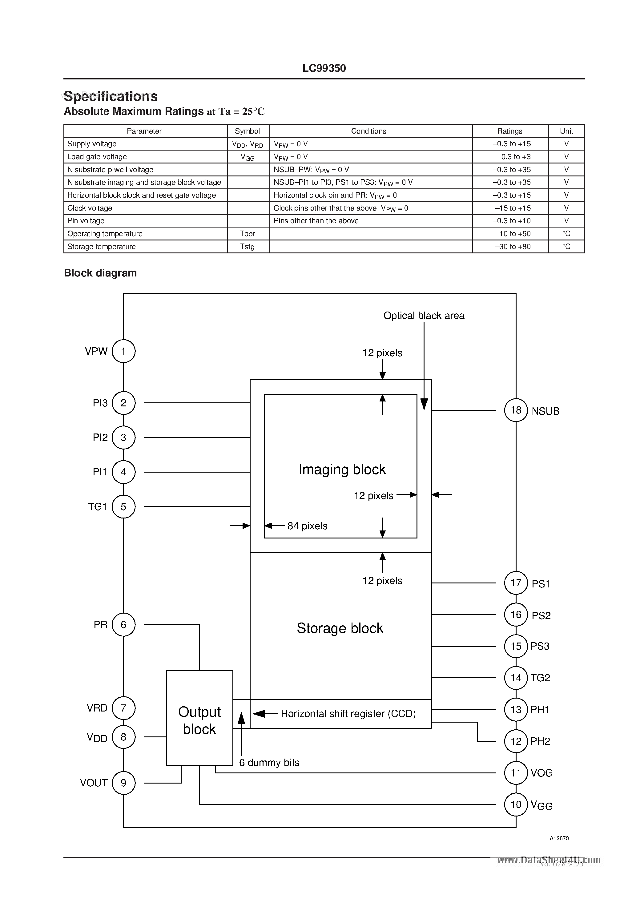 Datasheet LC99350 page 2 Datasheet LC99350 - 2.5-inch Frame Transfer CCD 1.1M Pixel Color Image Sensor page 2