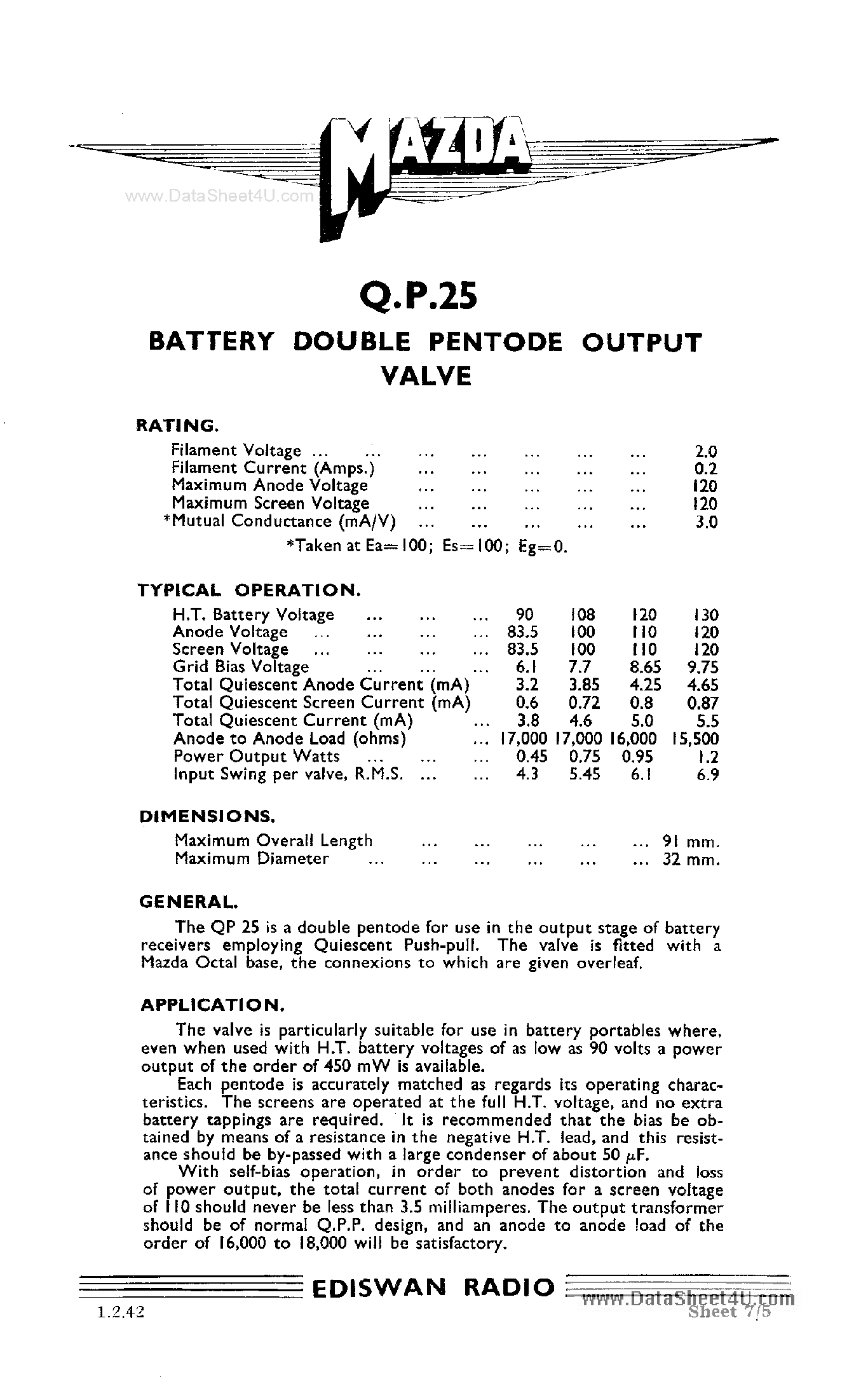 Datasheet QP25 - Battery Double Pentode Output Valve page 1
