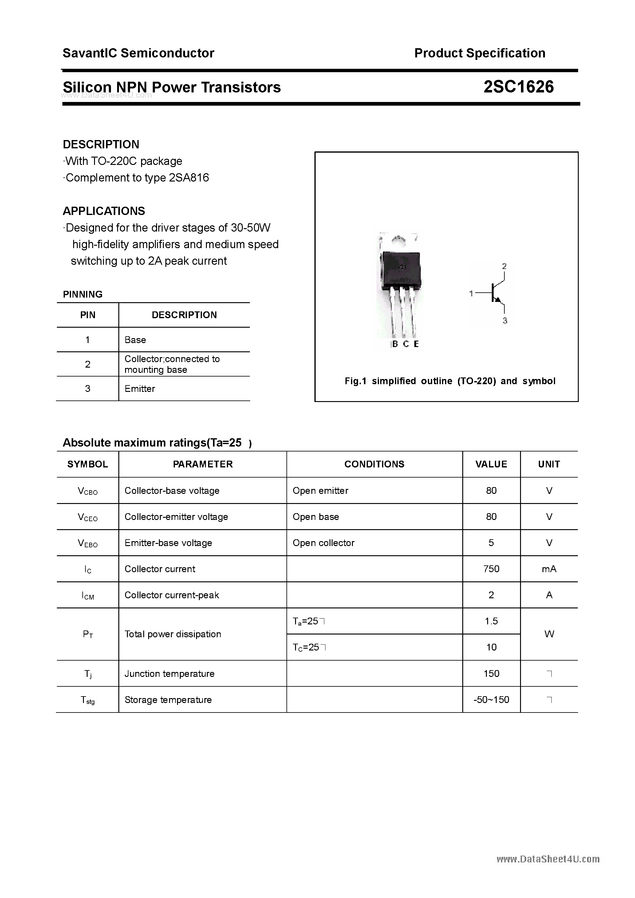 Datasheet 2SC1626 - SILICON POWER TRANSISTOR page 1