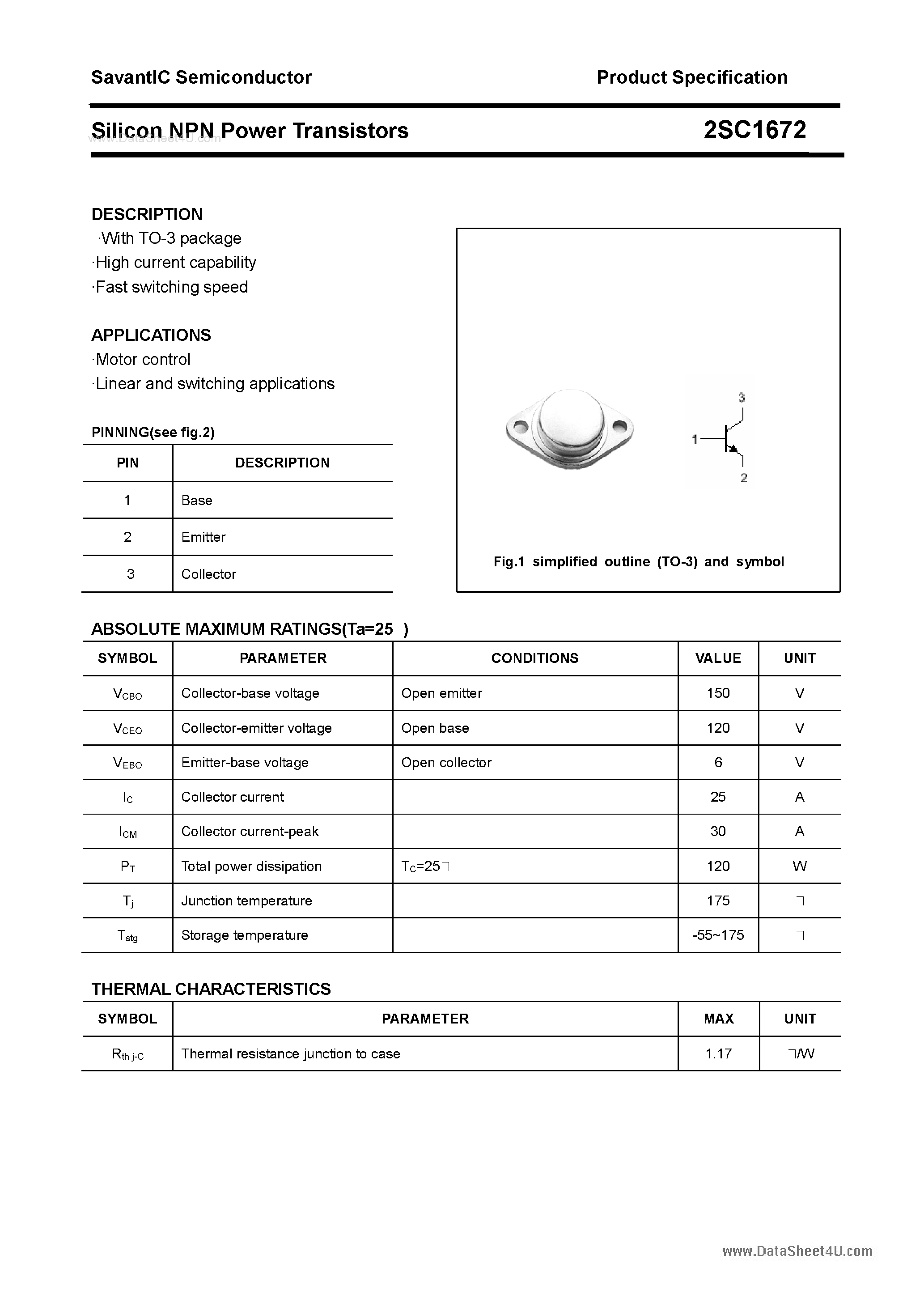 Datasheet 2SC1672 - SILICON POWER TRANSISTOR page 1