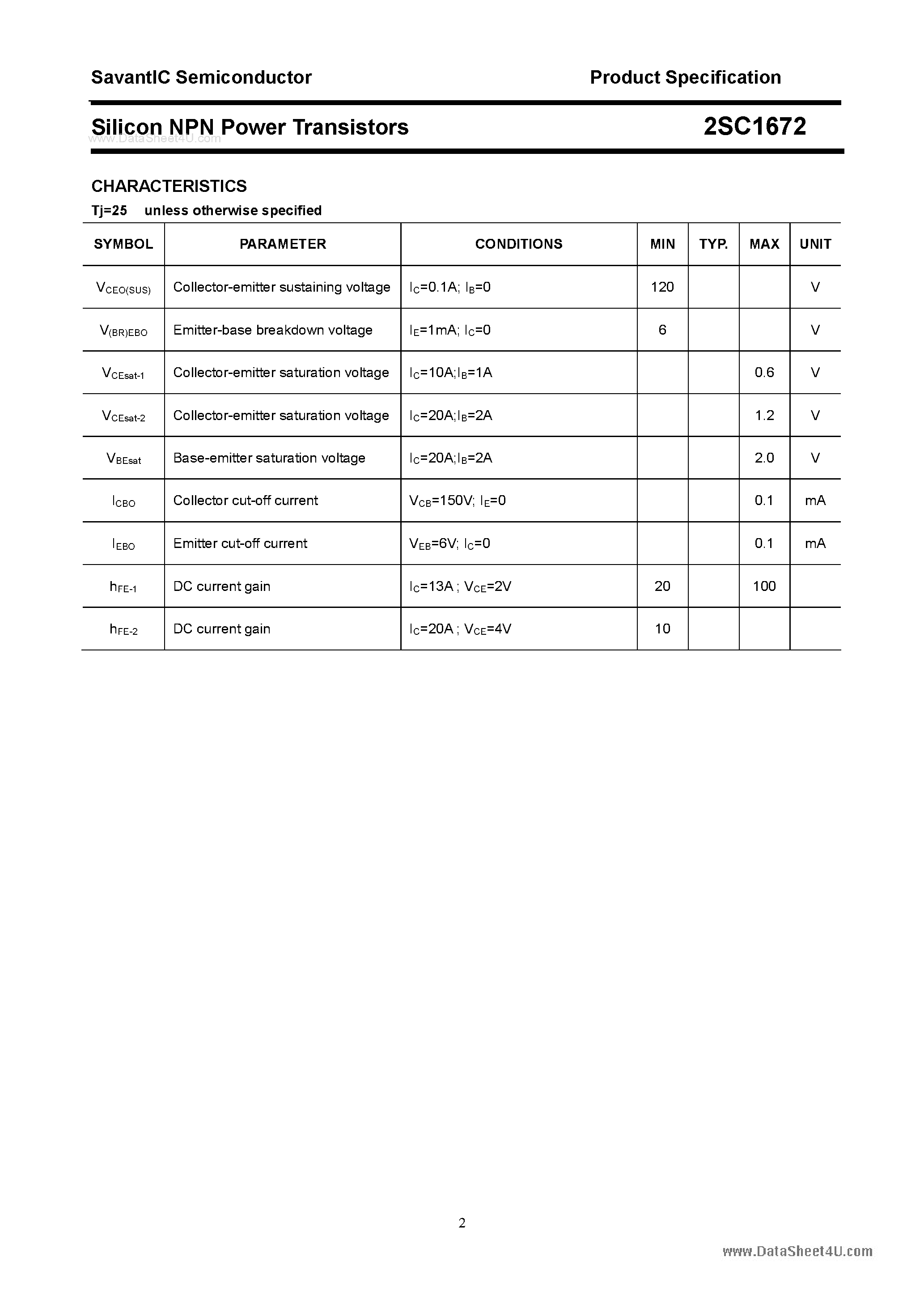 Datasheet 2SC1672 - SILICON POWER TRANSISTOR page 2