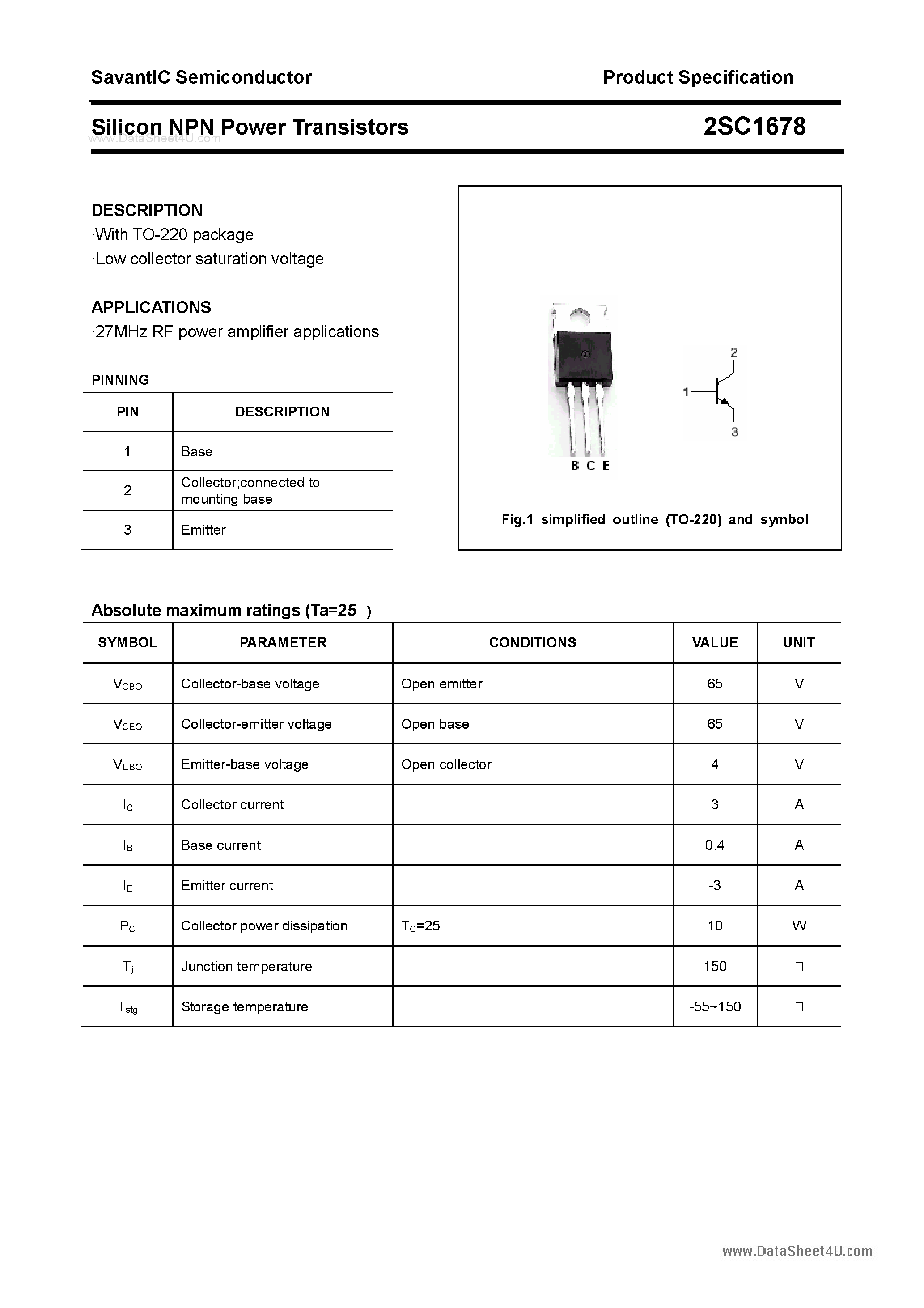 Datasheet 2SC1678 - SILICON POWER TRANSISTOR page 1