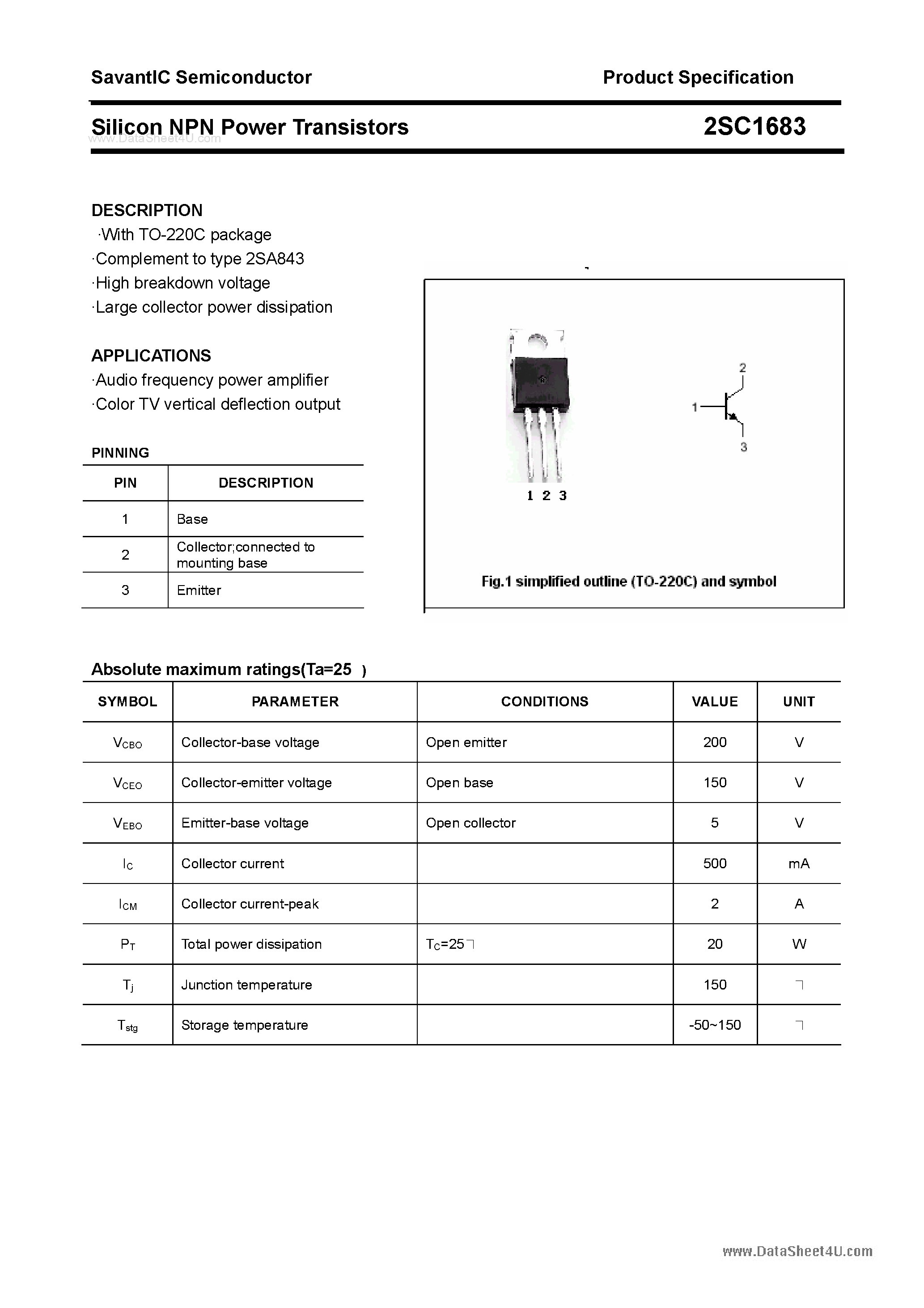 Datasheet 2SC1683 - SILICON POWER TRANSISTOR page 1