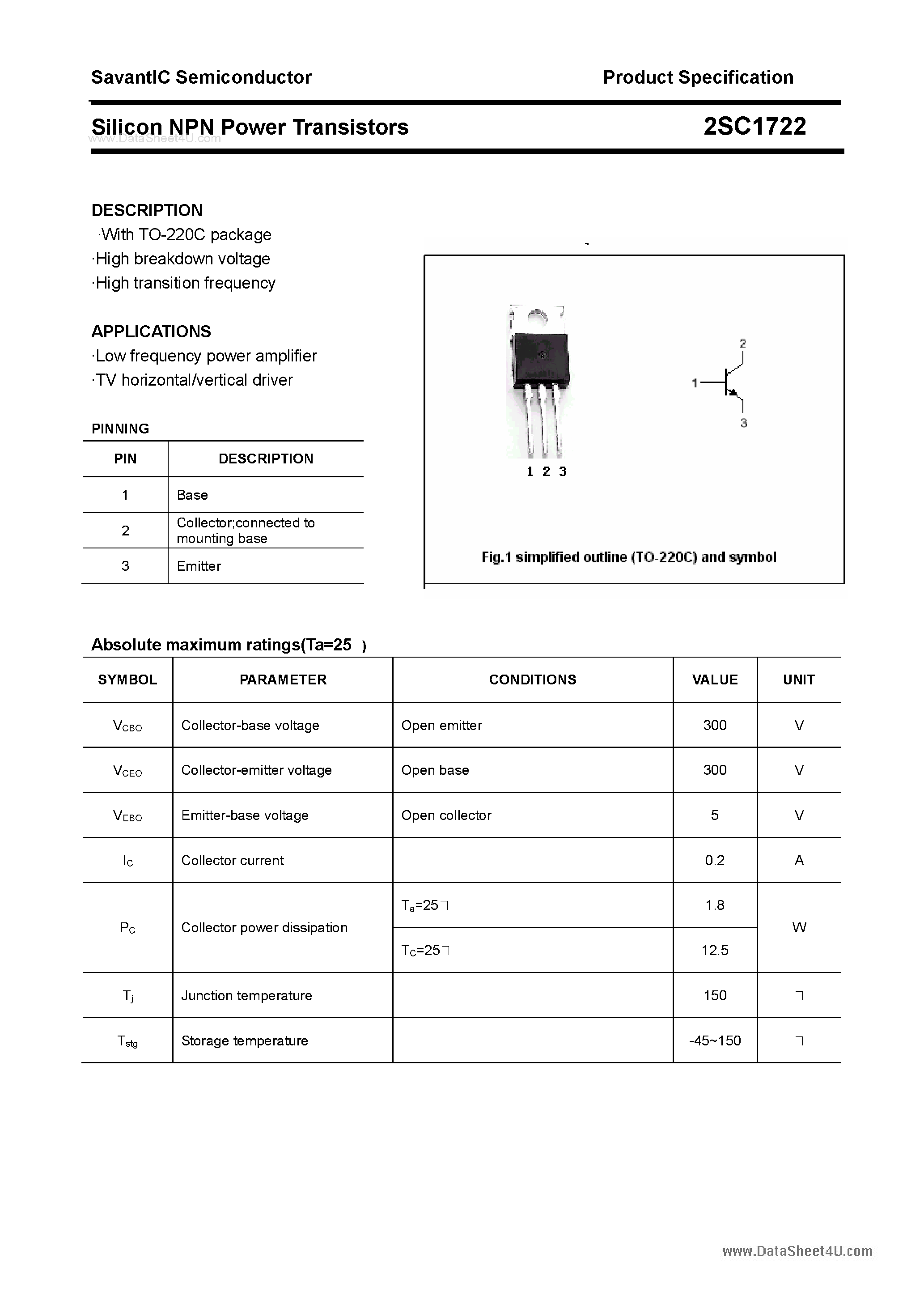 Даташит 2SC1722 - SILICON POWER TRANSISTOR страница 1