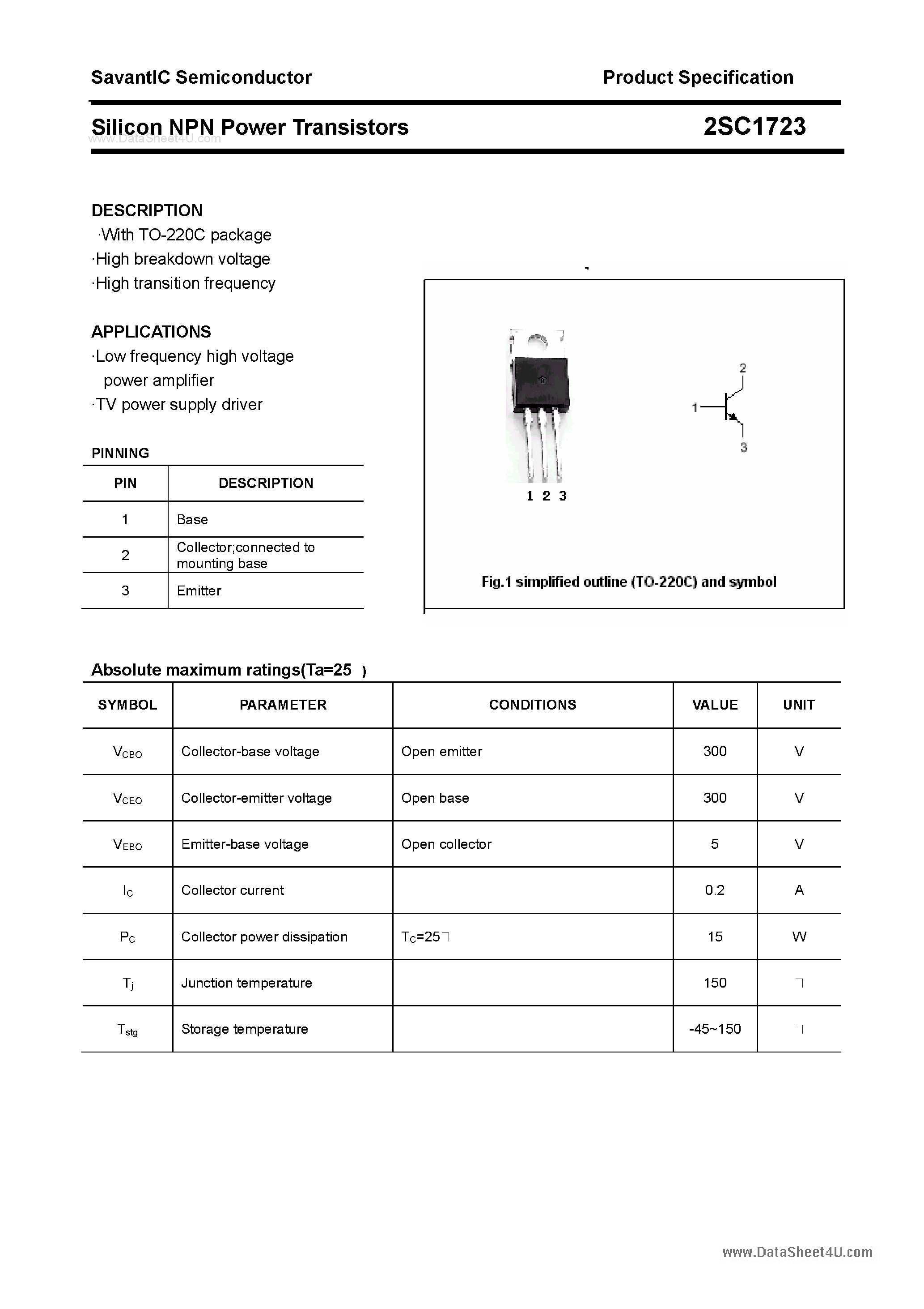 Datasheet 2SC1723 - SILICON POWER TRANSISTOR page 1