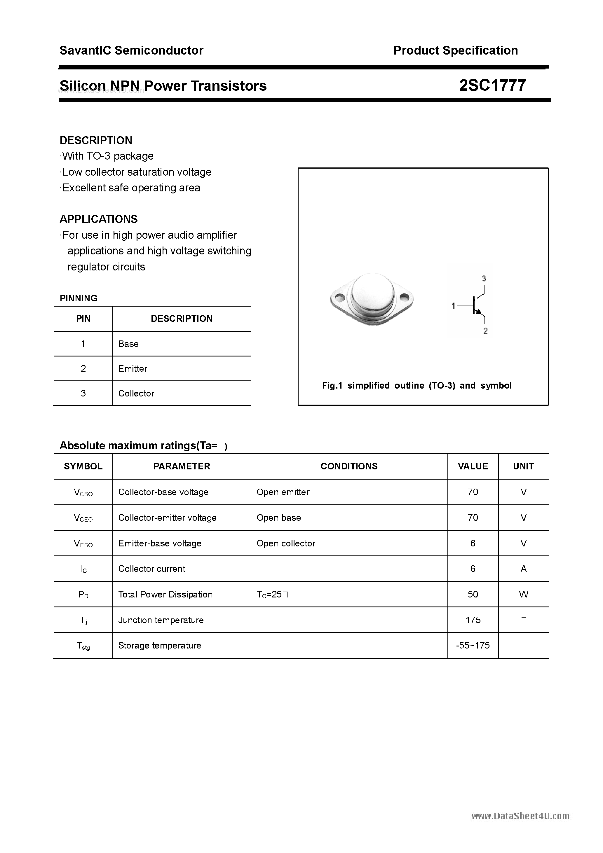 Datasheet 2SC1777 - SILICON POWER TRANSISTOR page 1