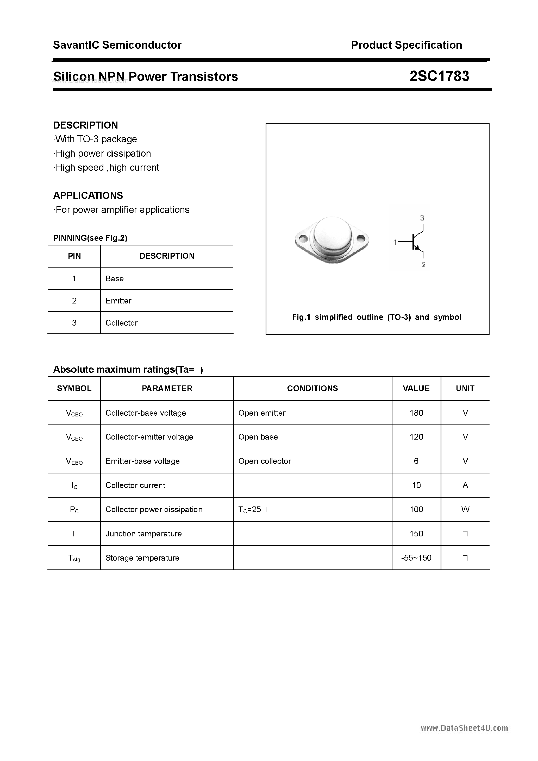 Datasheet 2SC1783 - SILICON POWER TRANSISTOR page 1
