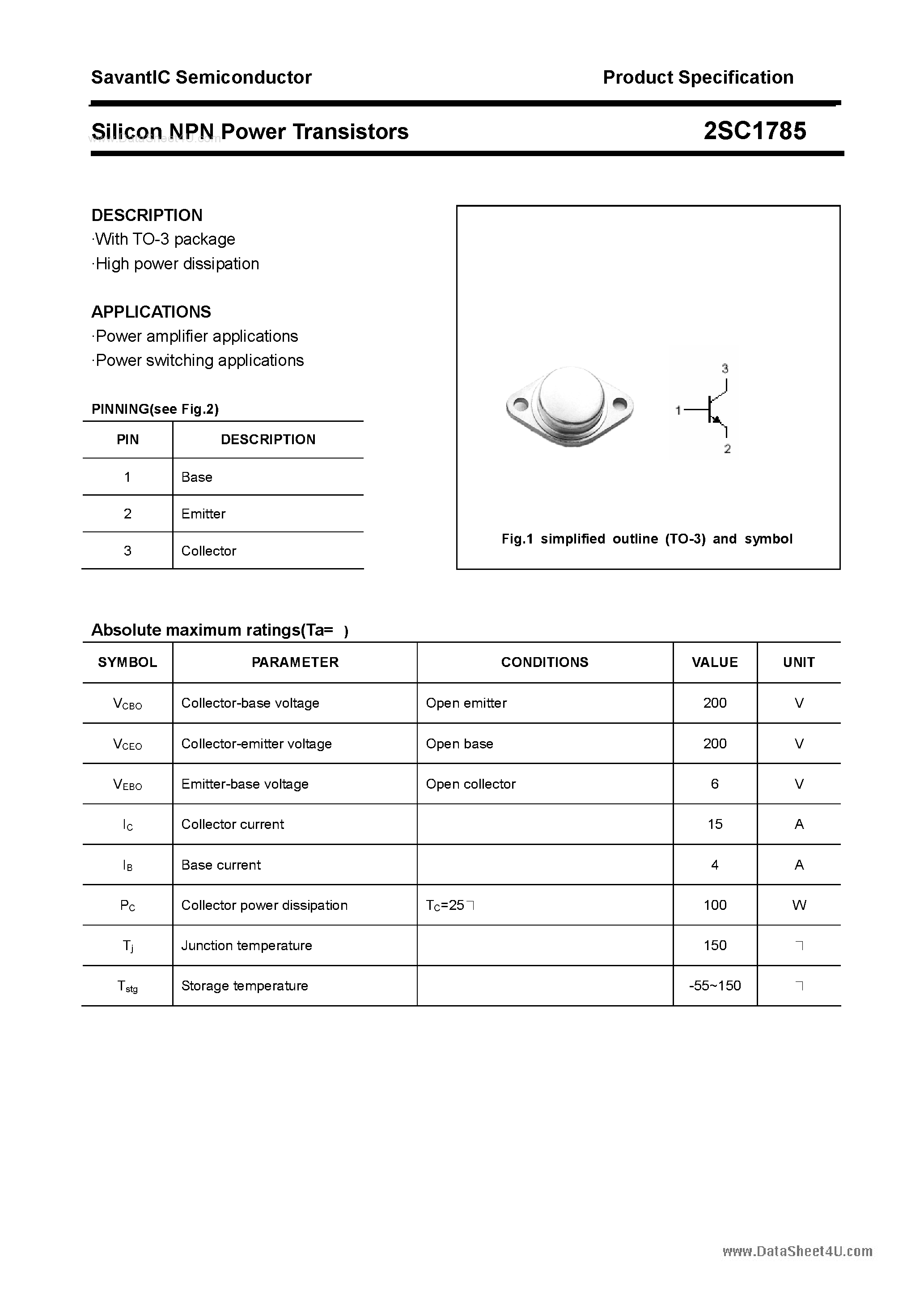 Datasheet 2SC1785 - SILICON POWER TRANSISTOR page 1