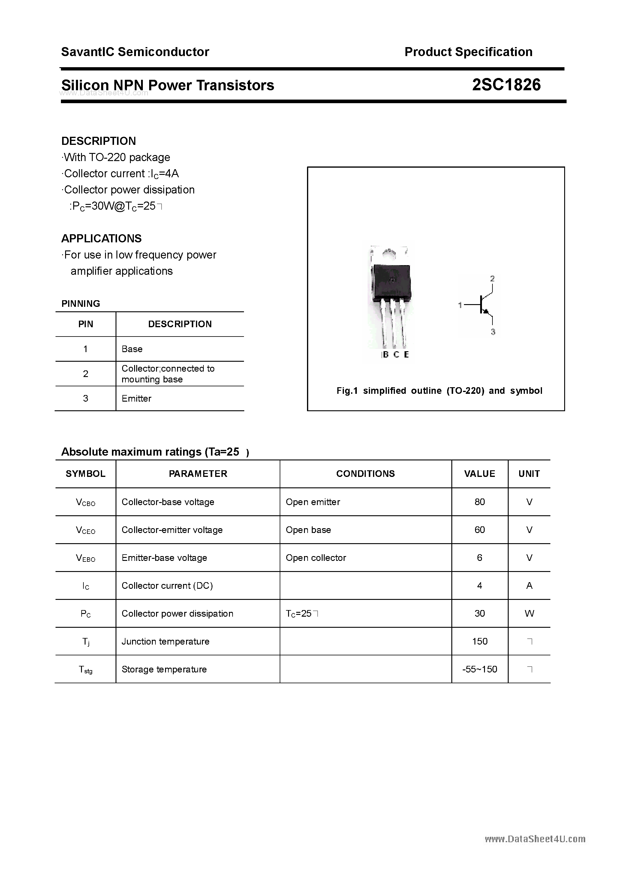 Datasheet 2SC1826 - SILICON POWER TRANSISTOR page 1