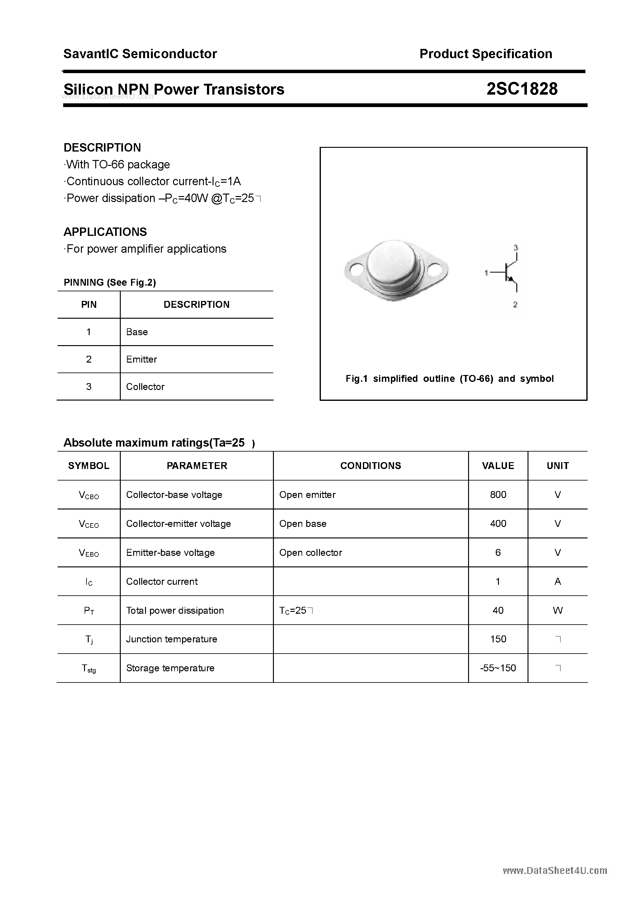 Datasheet 2SC1828 page 1 Datasheet 2SC1828 - SILICON POWER TRANSISTOR page 1