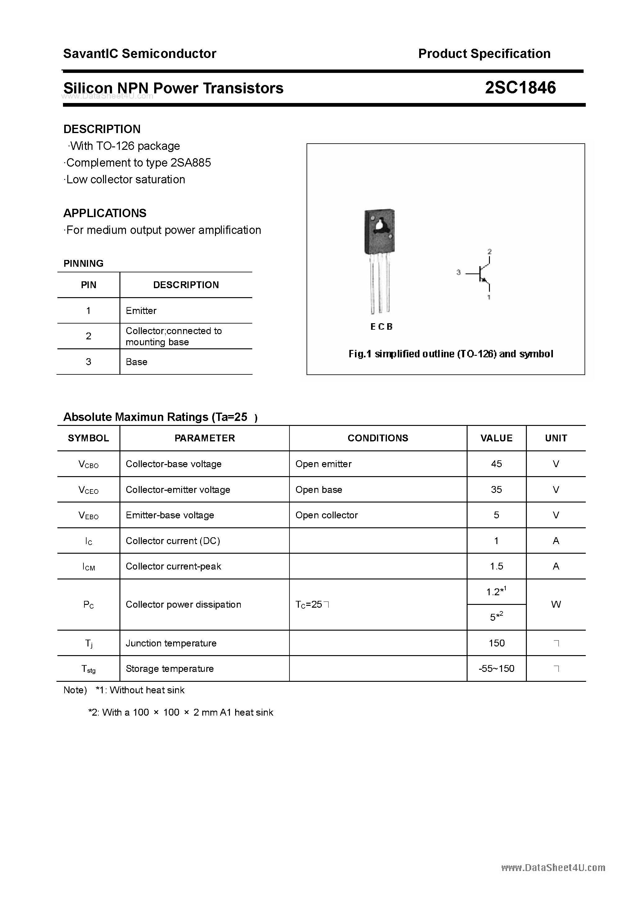 Datasheet 2SC1846 - SILICON POWER TRANSISTOR page 1