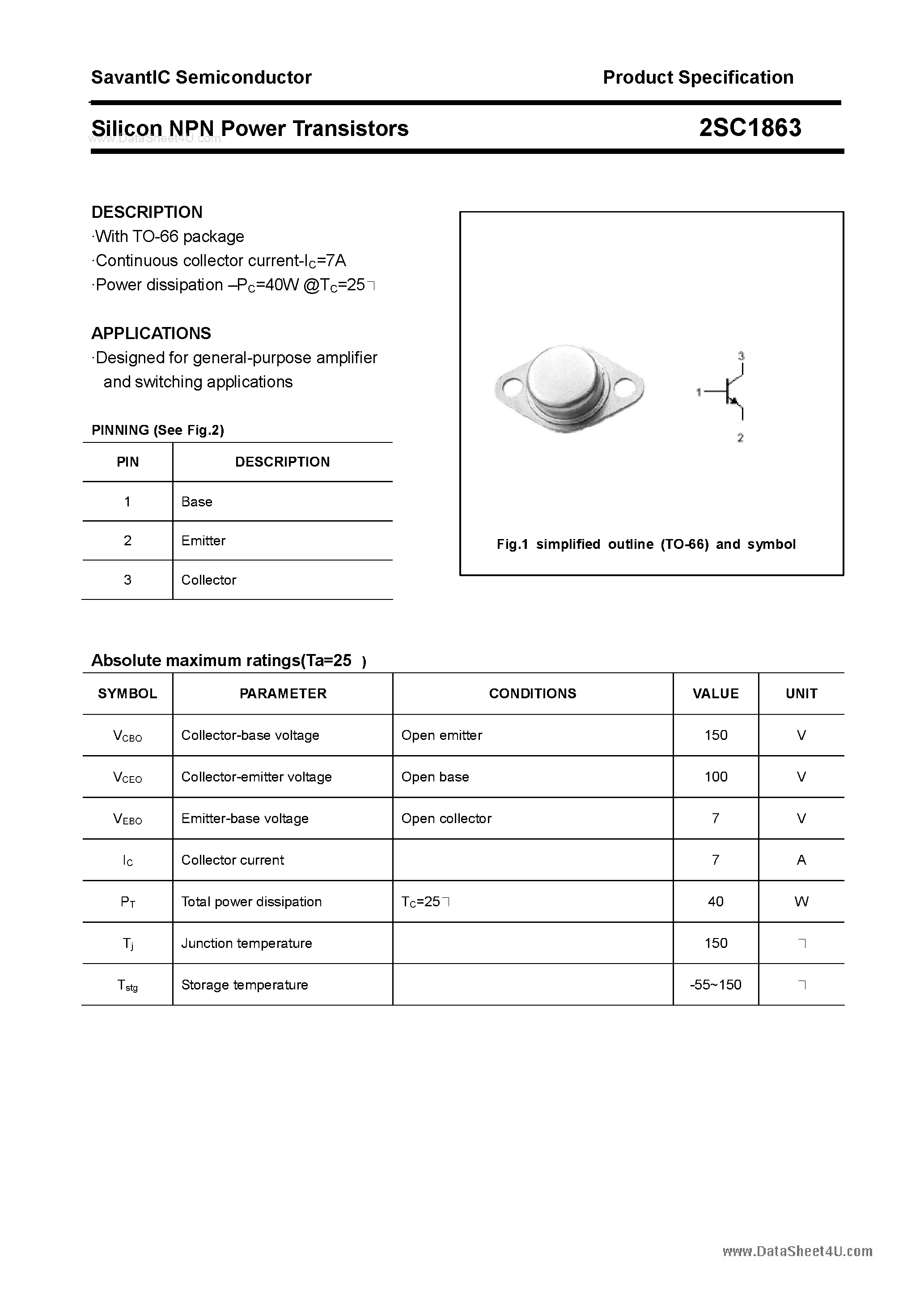 Даташит 2SC1863 - SILICON POWER TRANSISTOR страница 1