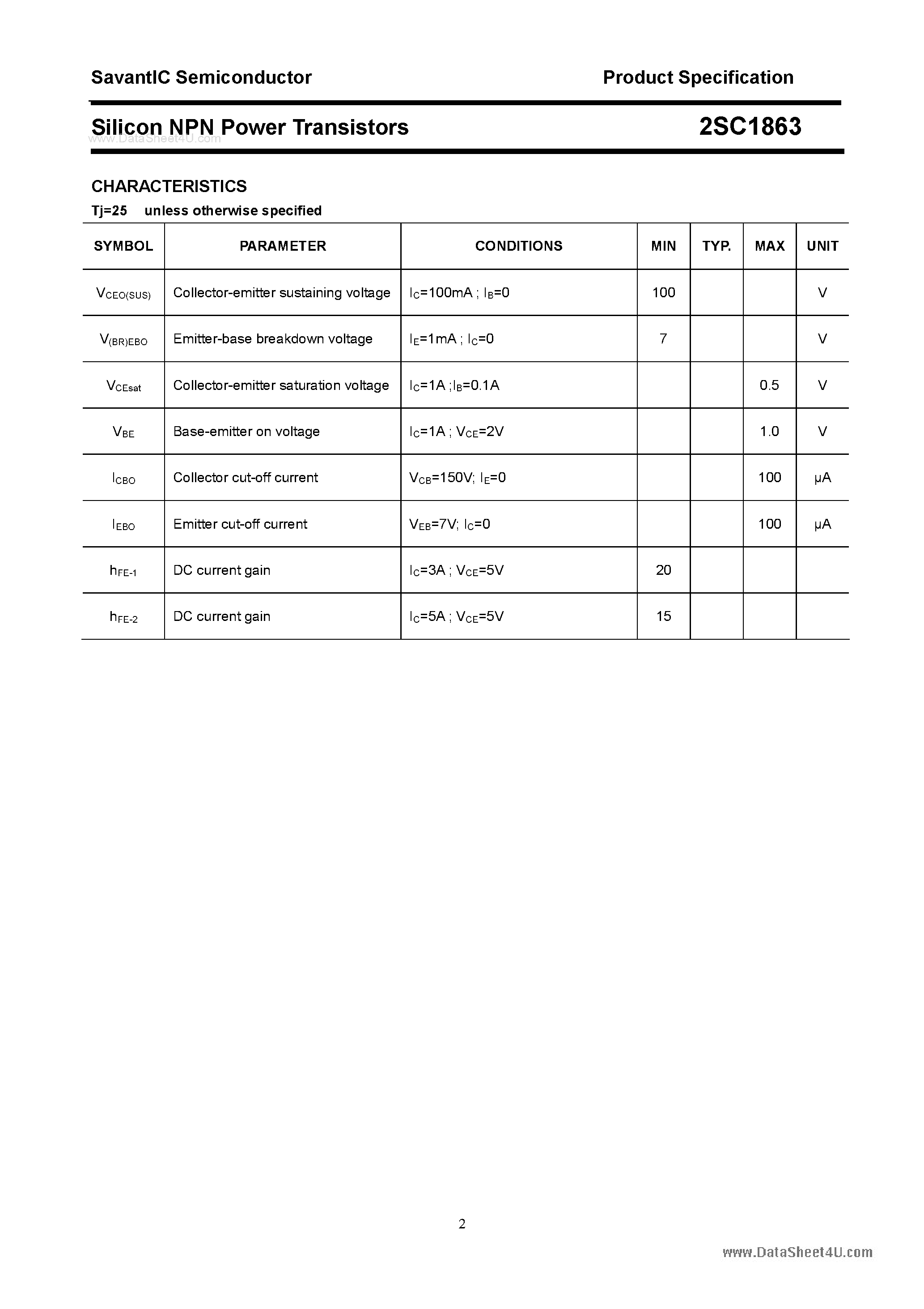 Даташит 2SC1863 - SILICON POWER TRANSISTOR страница 2