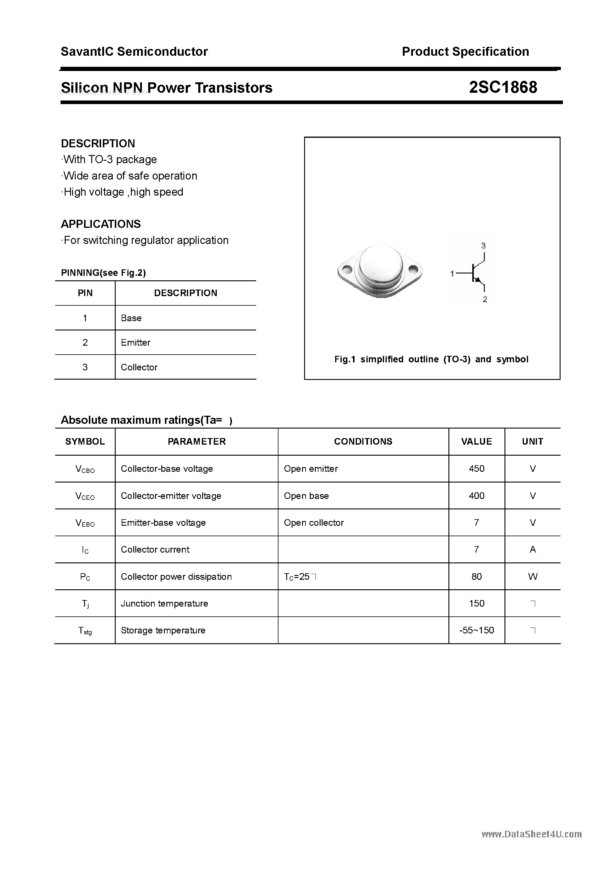 Datasheet 2SC1868 page 1 Datasheet 2SC1868 - SILICON POWER TRANSISTOR page 1