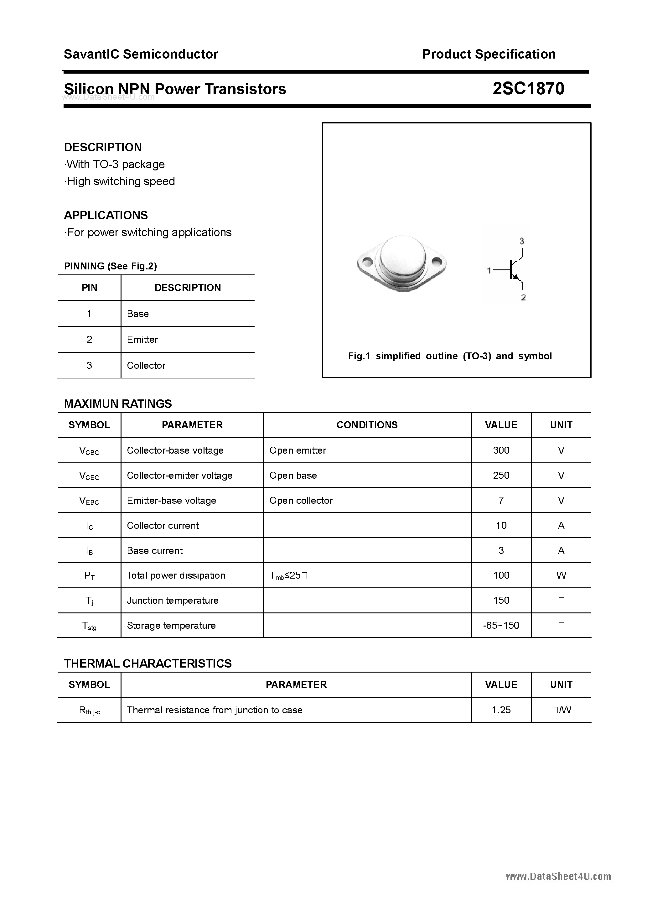 Datasheet 2SC1870 - SILICON POWER TRANSISTOR page 1