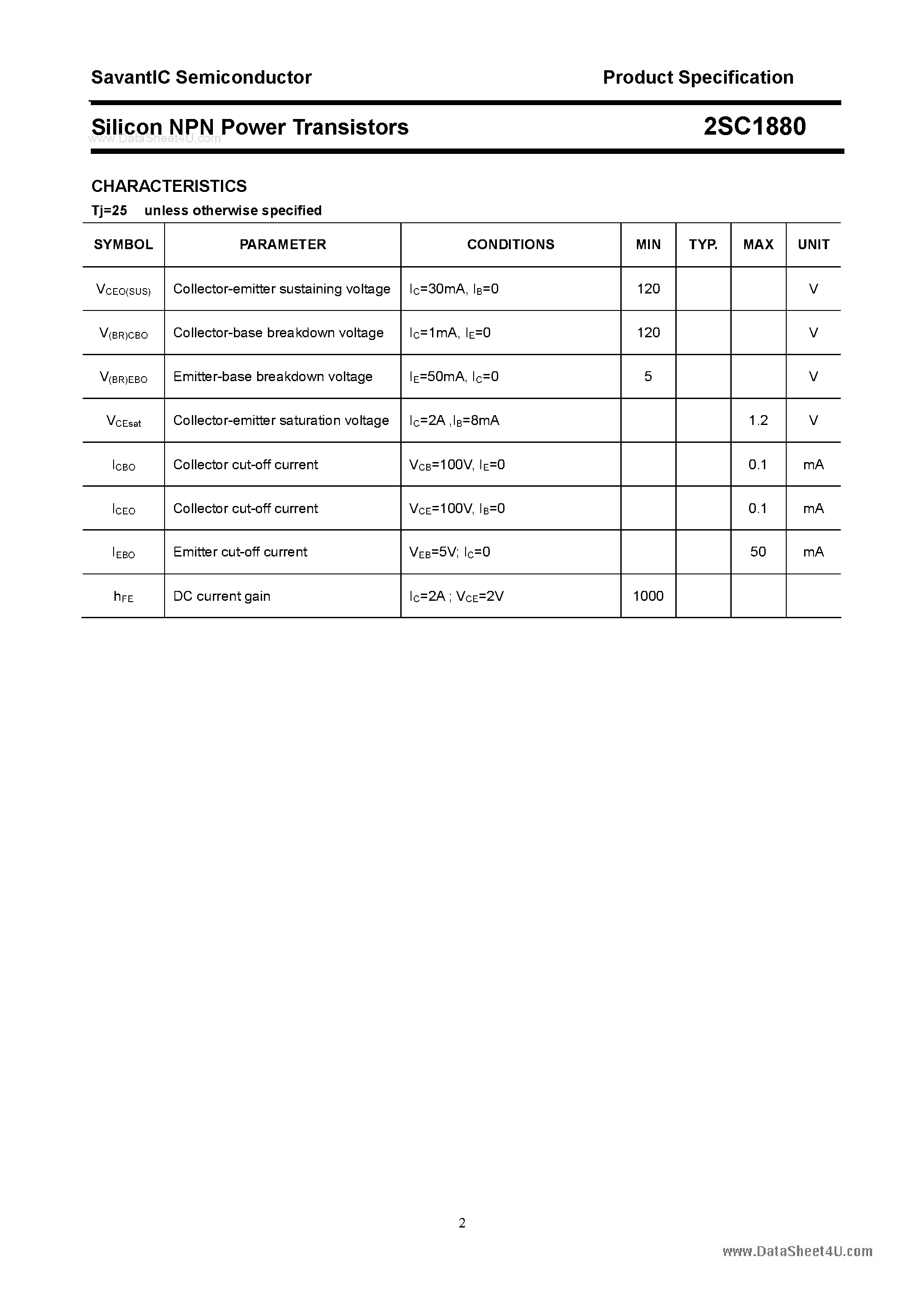 Datasheet 2SC1880 - SILICON POWER TRANSISTOR page 2