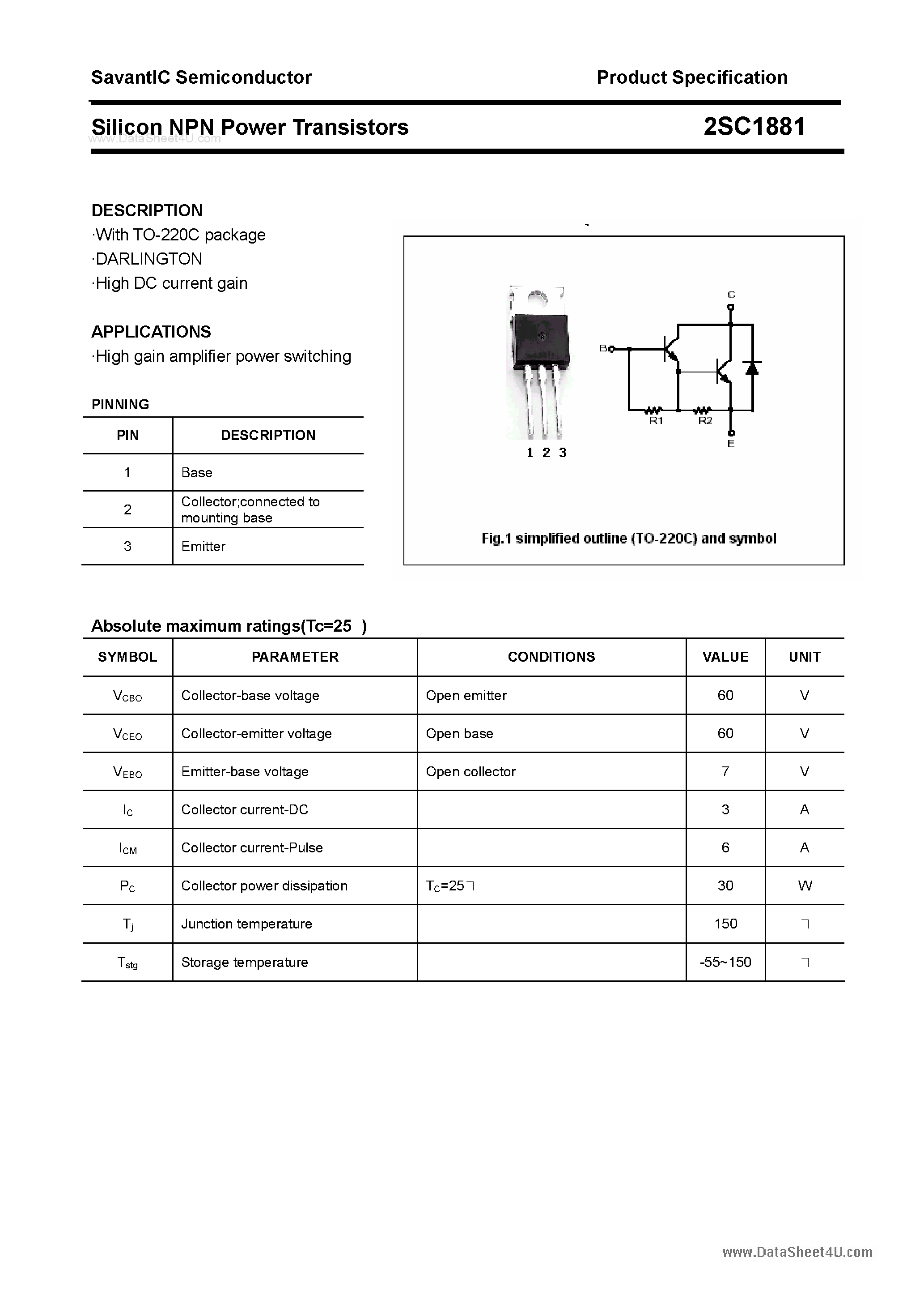 Datasheet 2SC1881 - SILICON POWER TRANSISTOR page 1