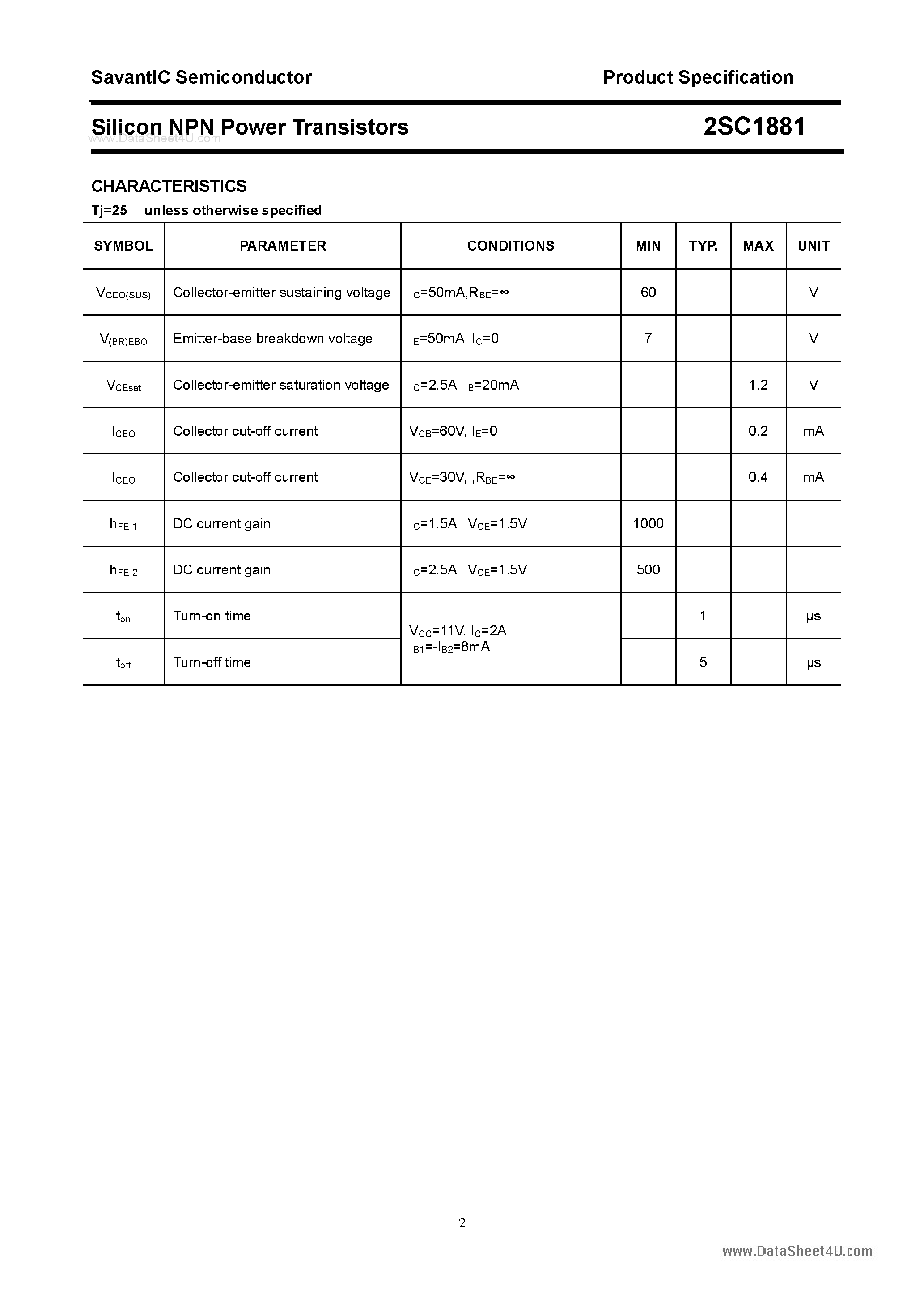 Datasheet 2SC1881 - SILICON POWER TRANSISTOR page 2