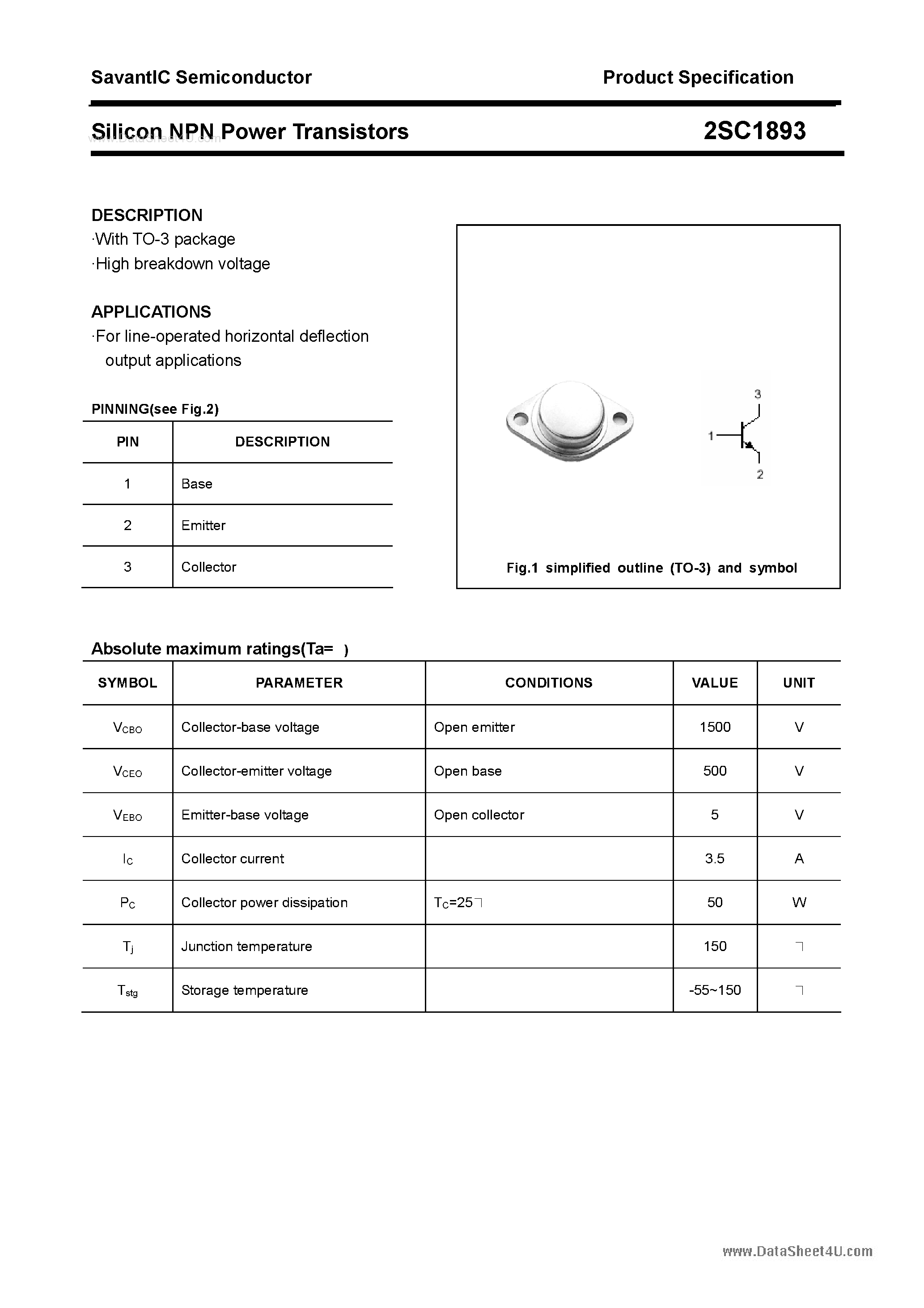 Datasheet 2SC1893 - SILICON POWER TRANSISTOR page 1