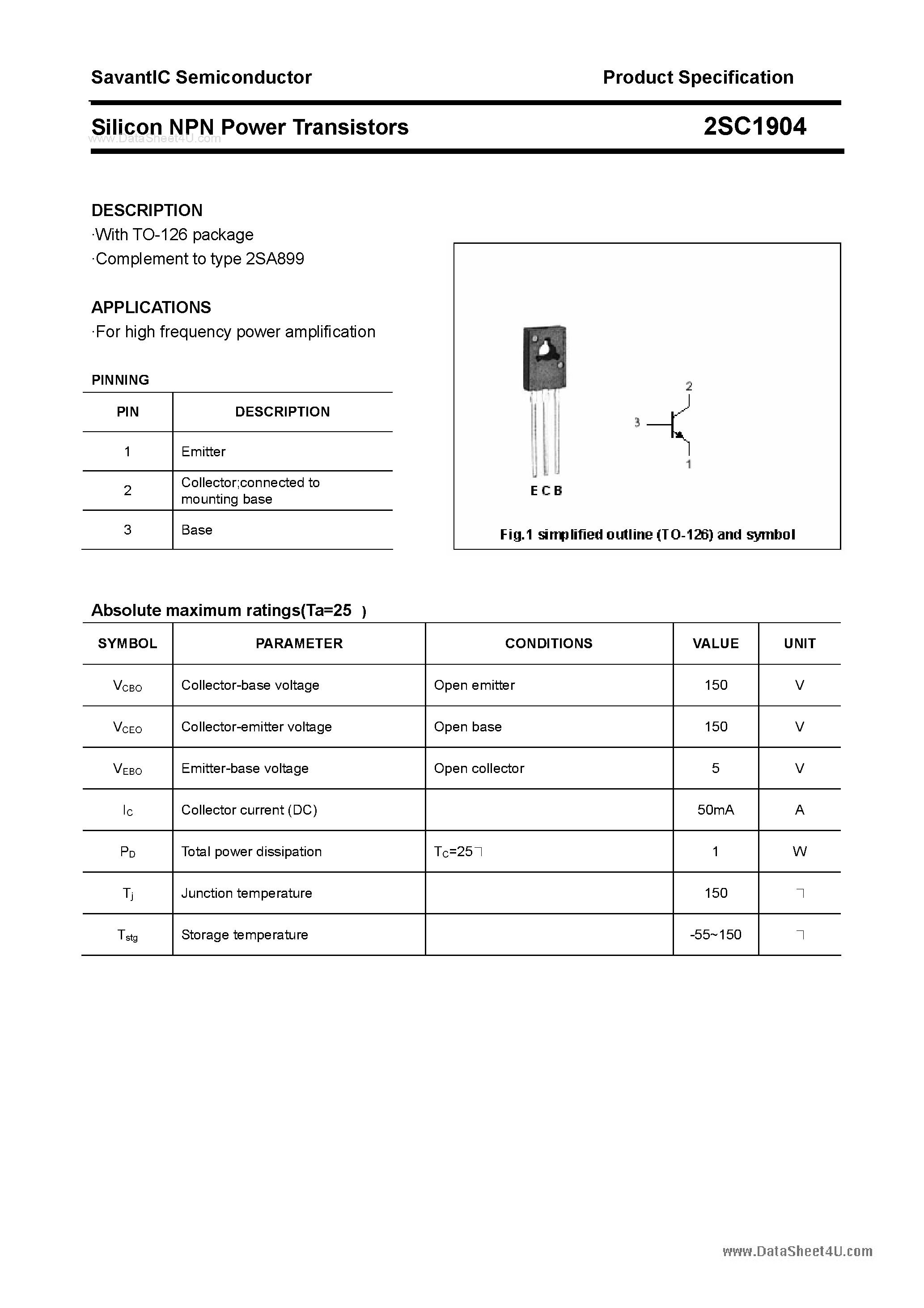 Datasheet 2SC1904 - SILICON POWER TRANSISTOR page 1