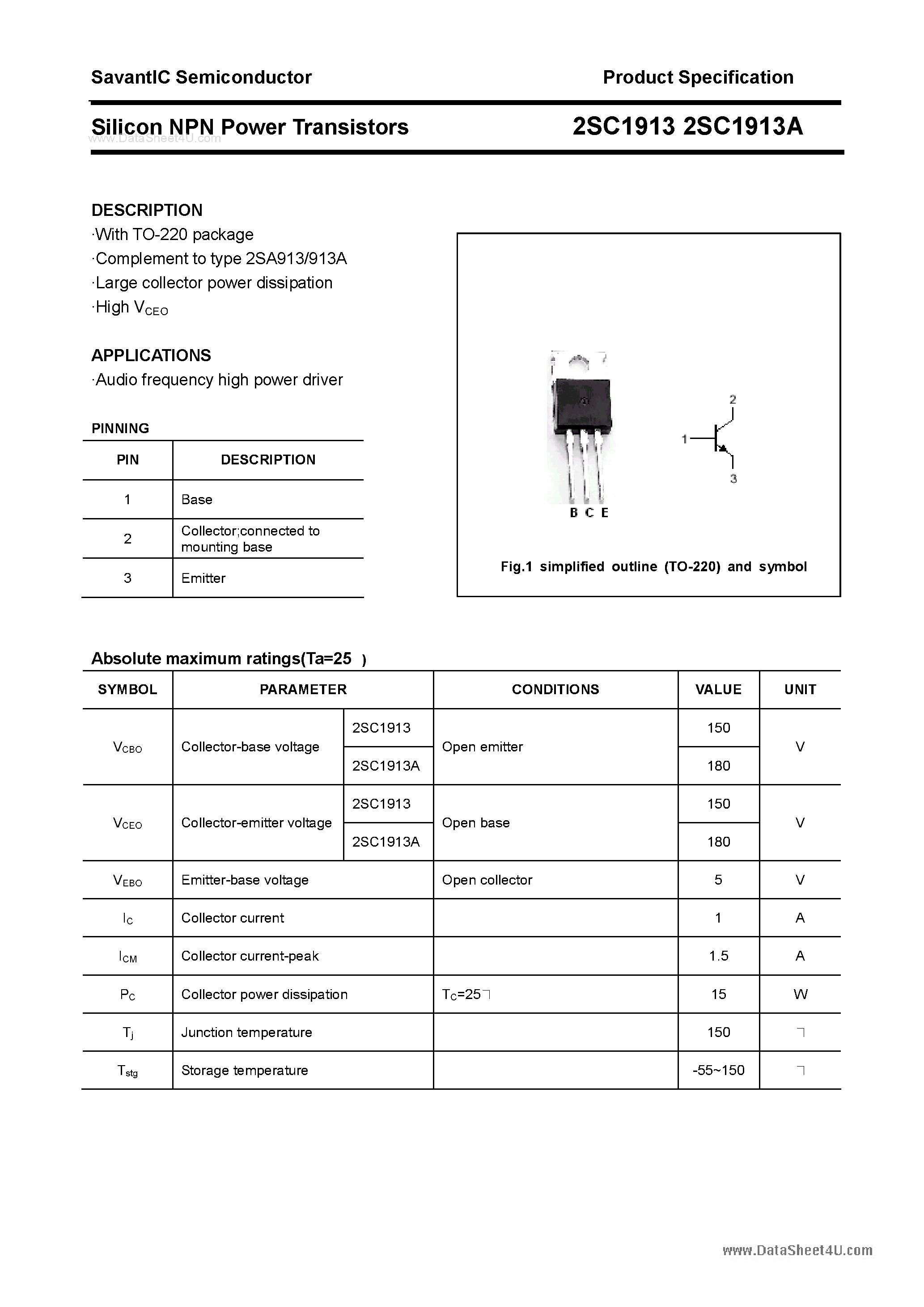 Datasheet 2SC1913 - SILICON POWER TRANSISTOR page 1