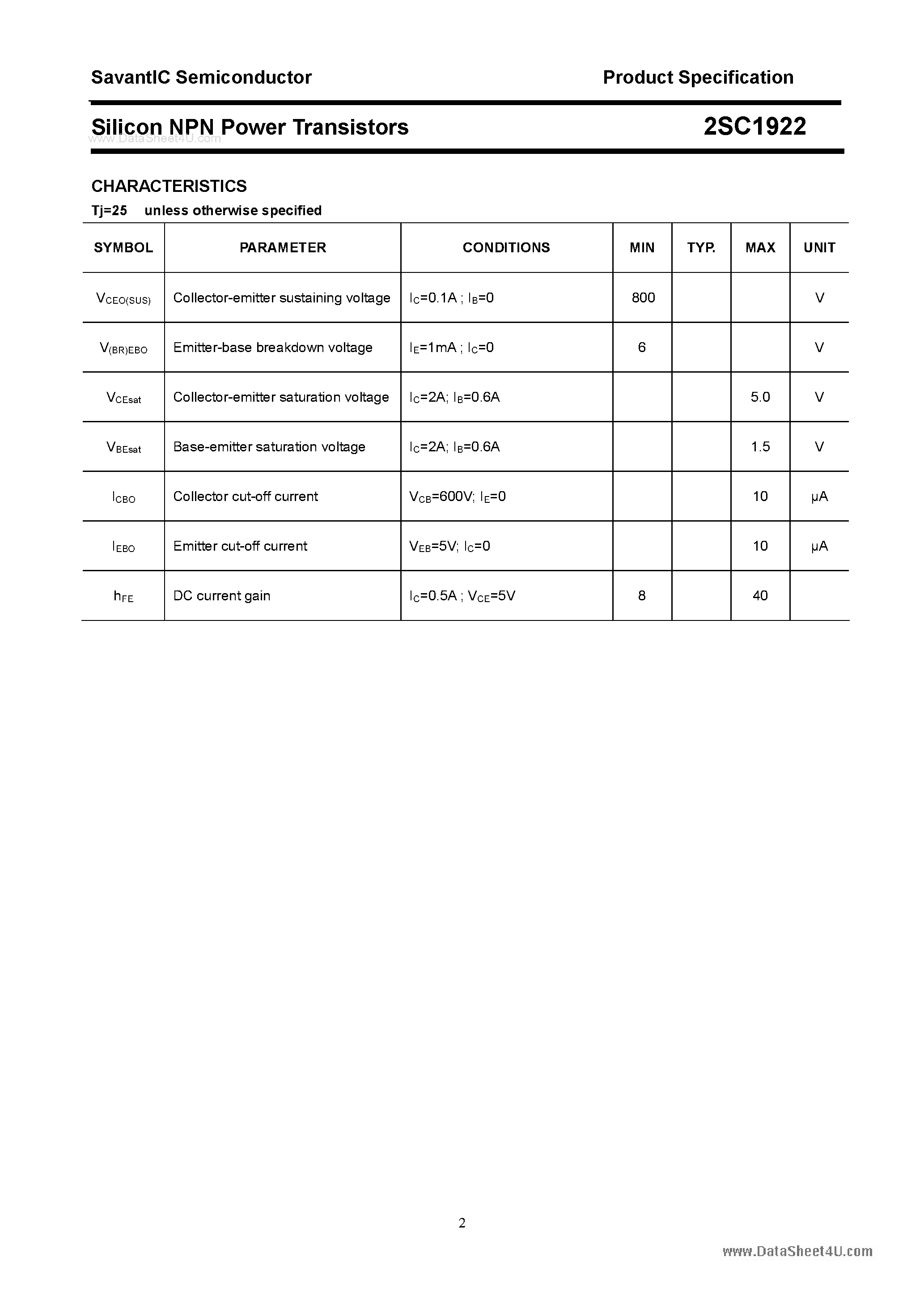 Даташит 2SC1922 - SILICON POWER TRANSISTOR страница 2