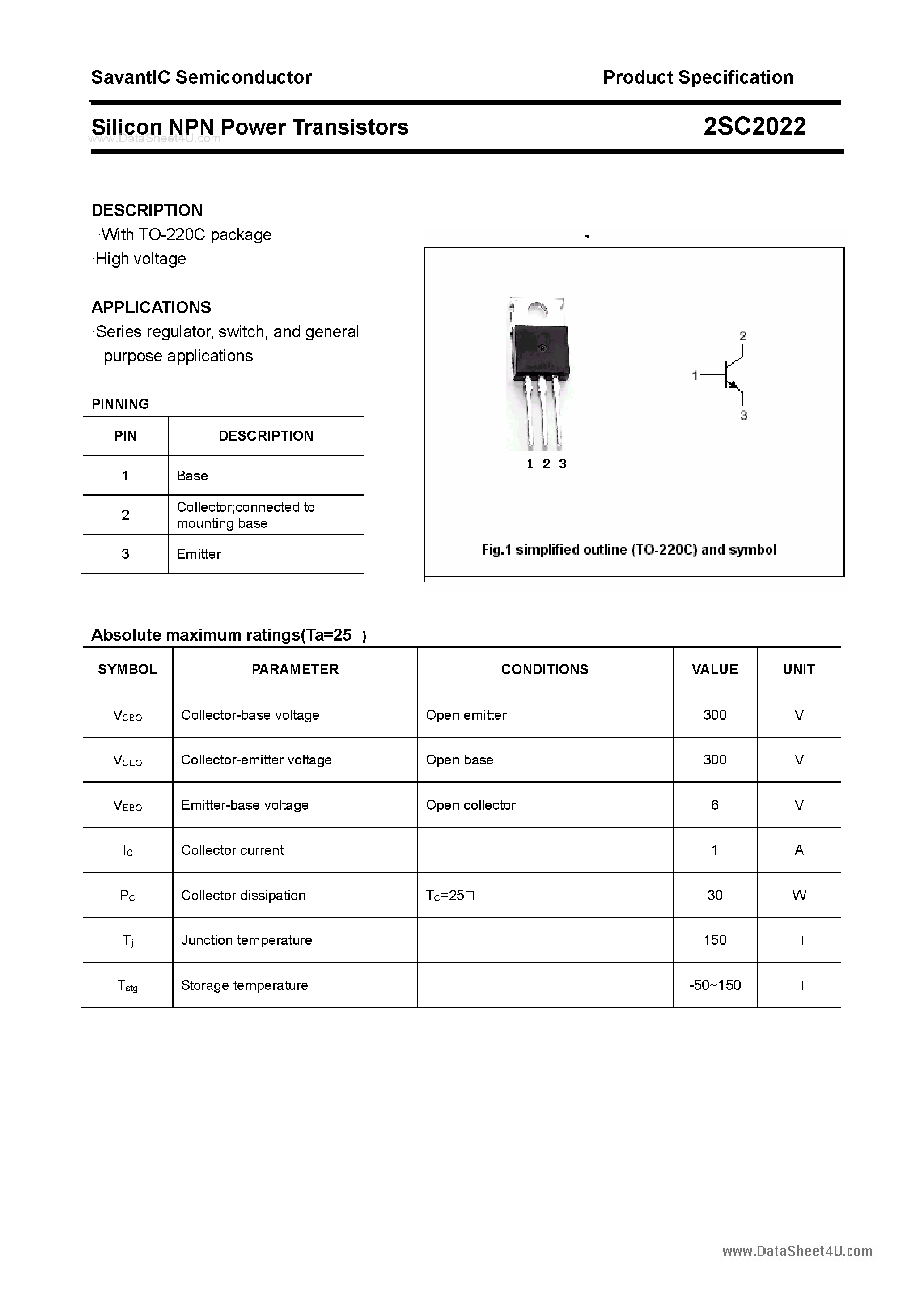 Datasheet 2SC2022 page 1 Datasheet 2SC2022 - SILICON POWER TRANSISTOR page 1