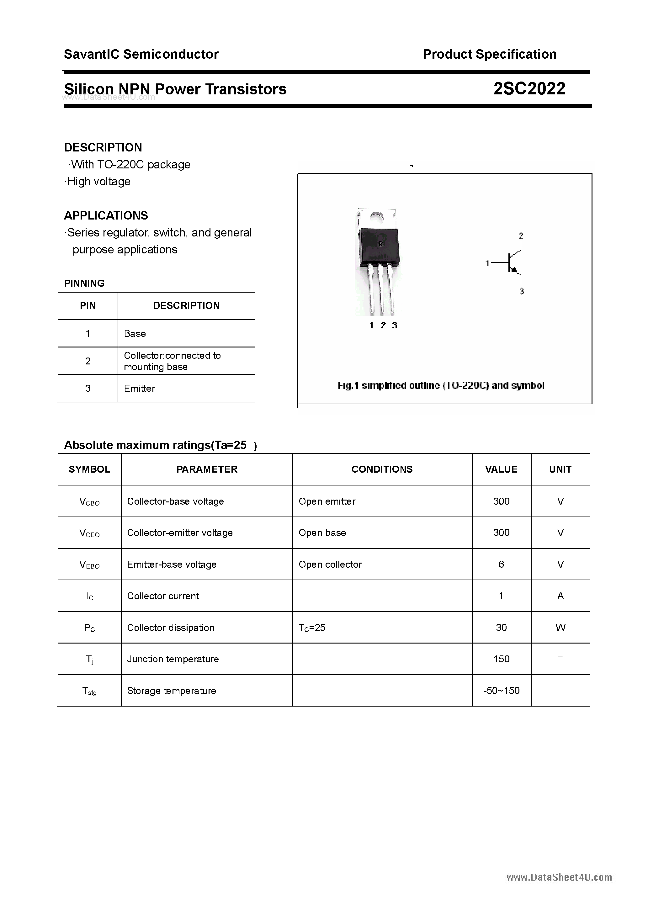 Datasheet 2SC2022 - SILICON POWER TRANSISTOR page 1