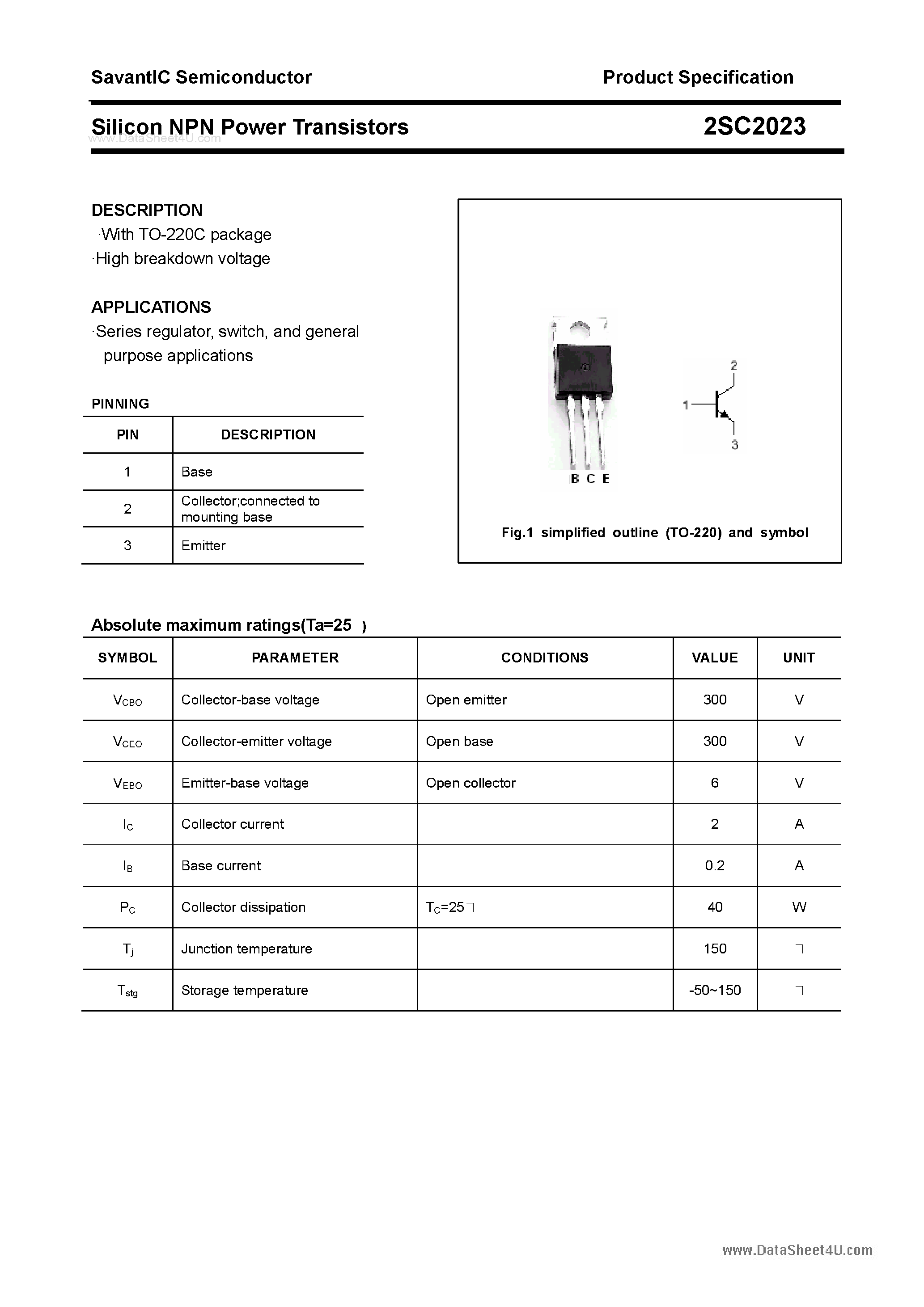 Datasheet 2SC2023 page 1 Datasheet 2SC2023 - SILICON POWER TRANSISTOR page 1