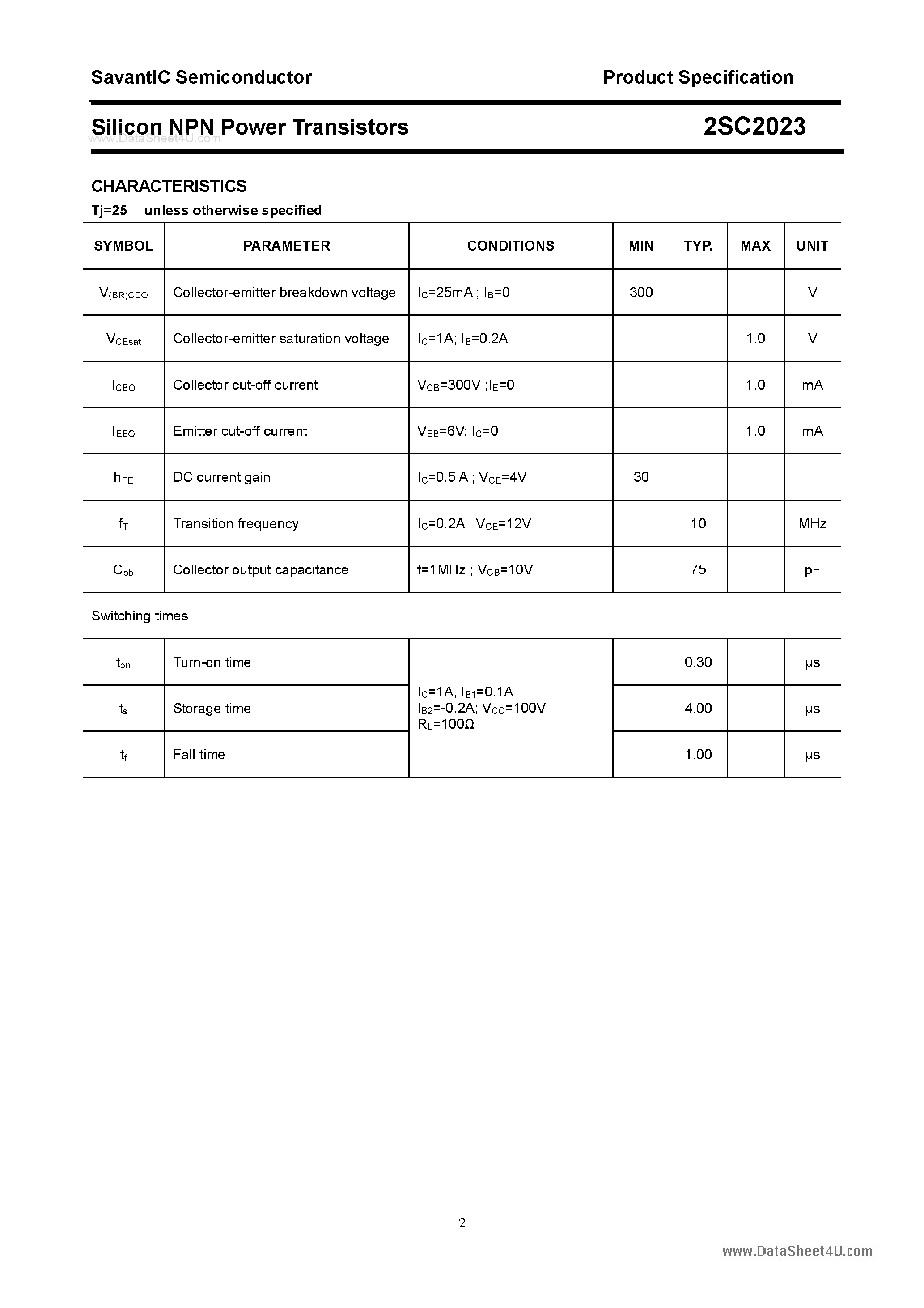 Datasheet 2SC2023 page 2 Datasheet 2SC2023 - SILICON POWER TRANSISTOR page 2