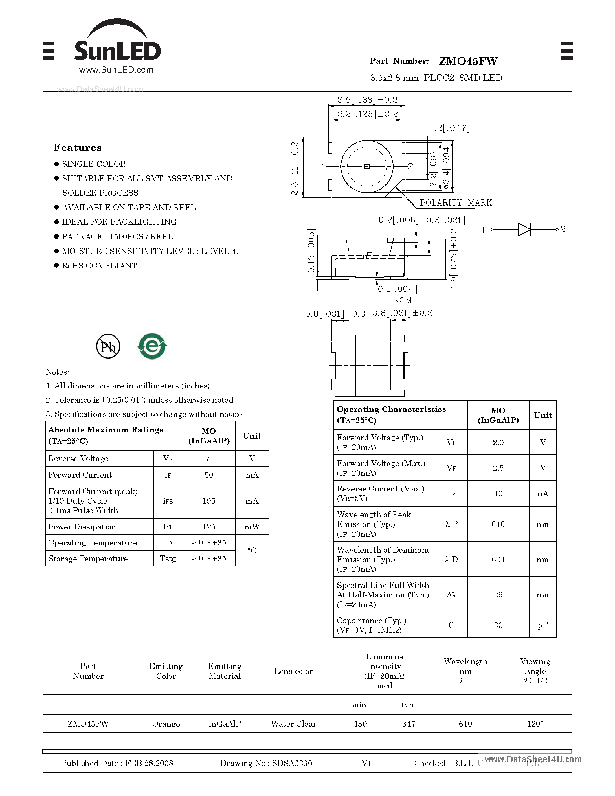 Datasheet ZMO45FW - 3.5x2.8 mm PLCC2 SMD LED page 1