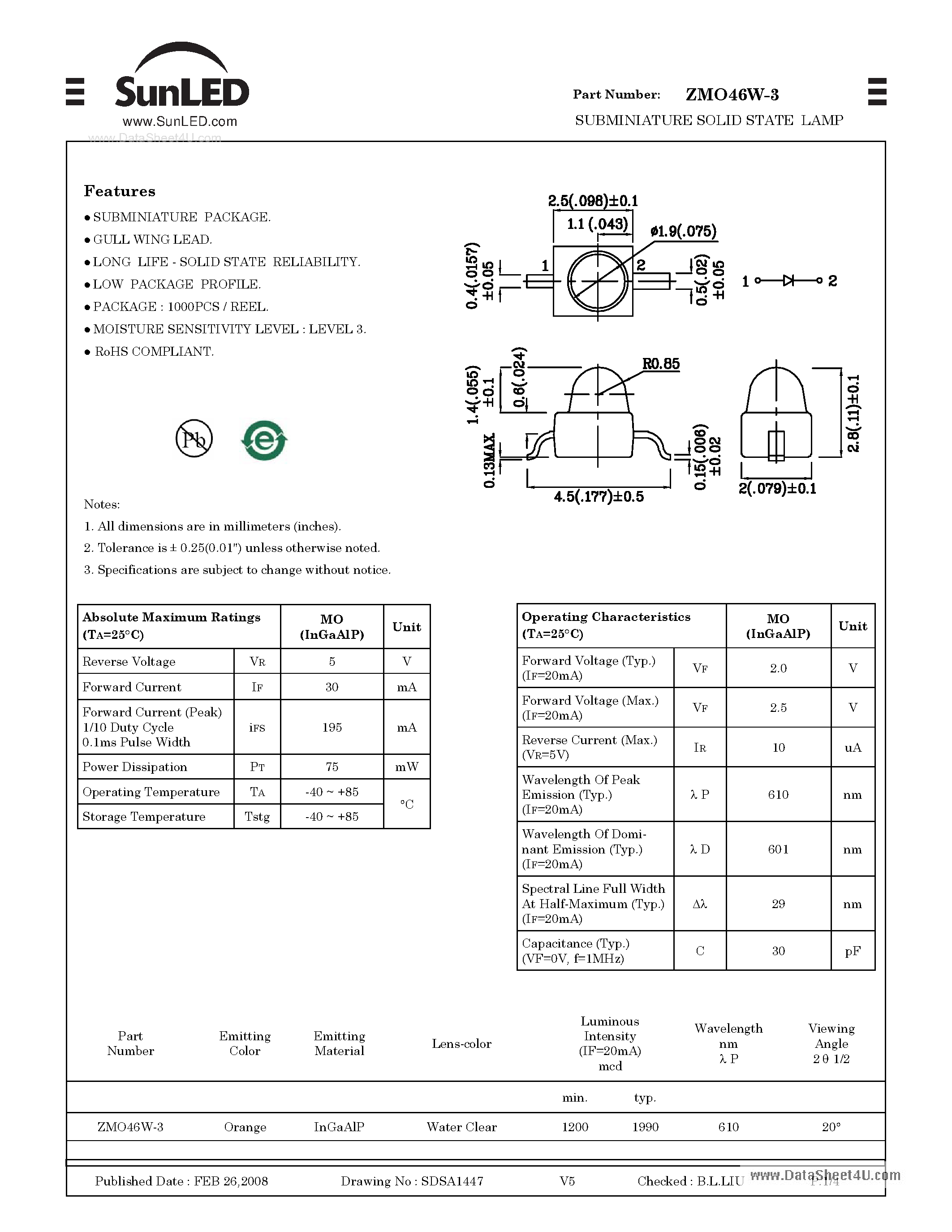 Datasheet ZMO46W-3 page 1 Datasheet ZMO46W-3 - SURFACE MOUNT LED LAMP page 1