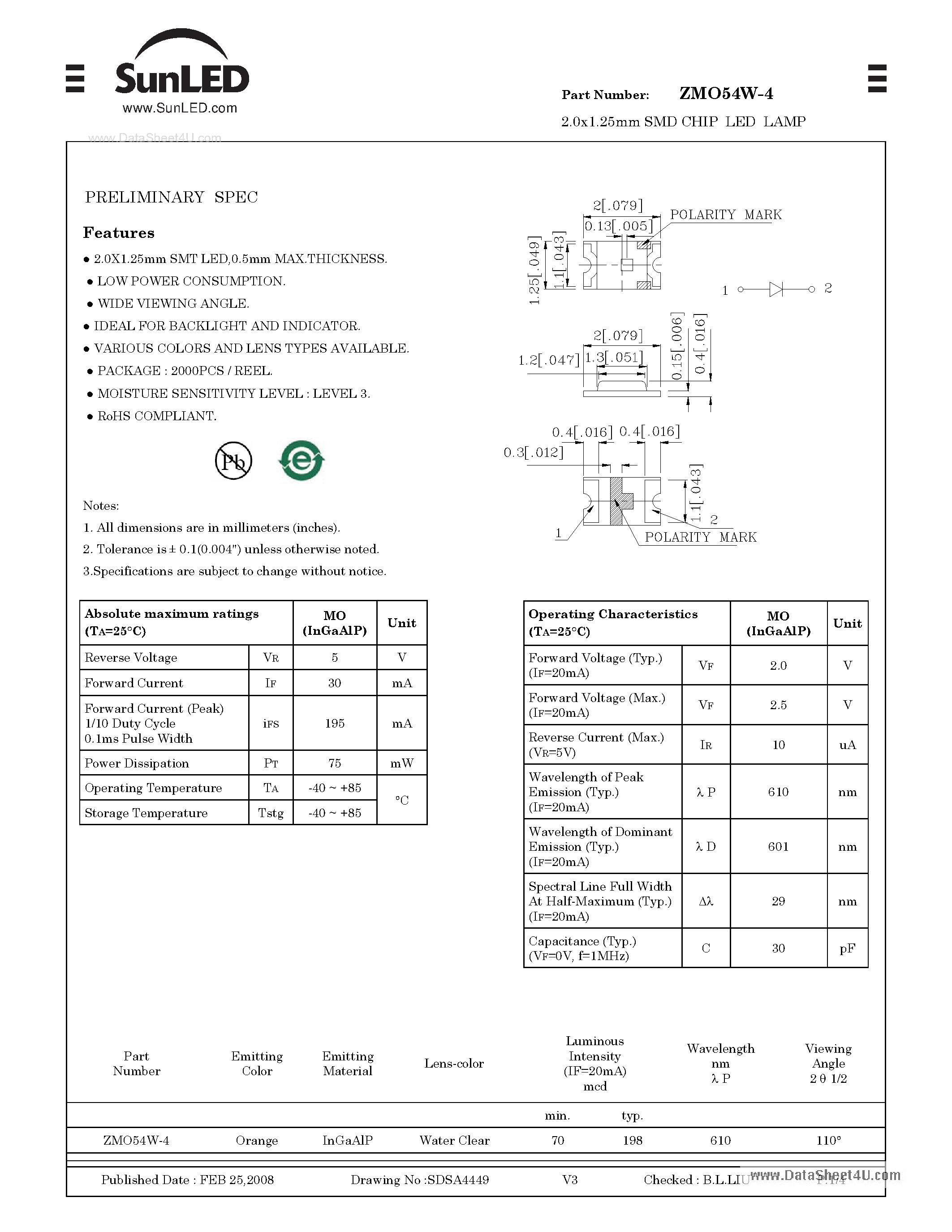 Datasheet ZMO54W-4 page 1 Datasheet ZMO54W-4 - SURFACE MOUNT LED LAMP page 1